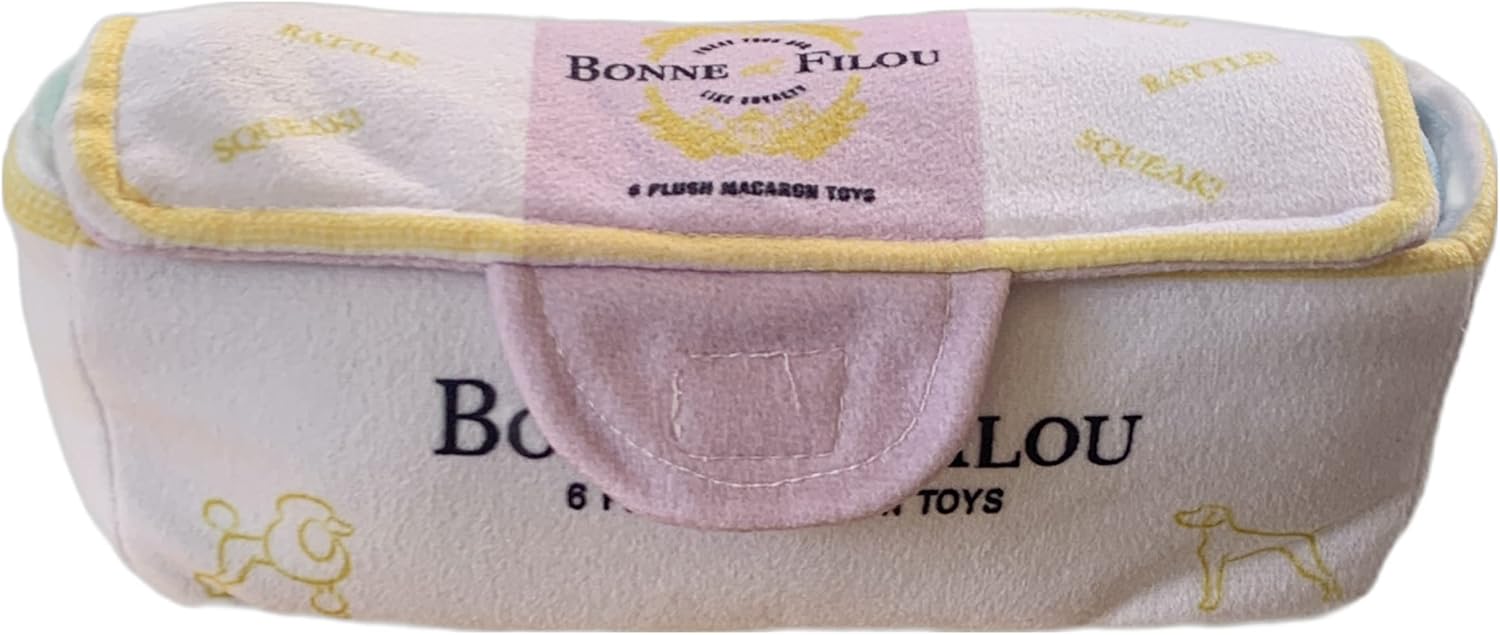 Bonne et Filou Dog Plush Toy Macarons (6 Pack) and Luxury Handmade Gourmet Crème Brulee Dog Macarons Treats (6 Pack)