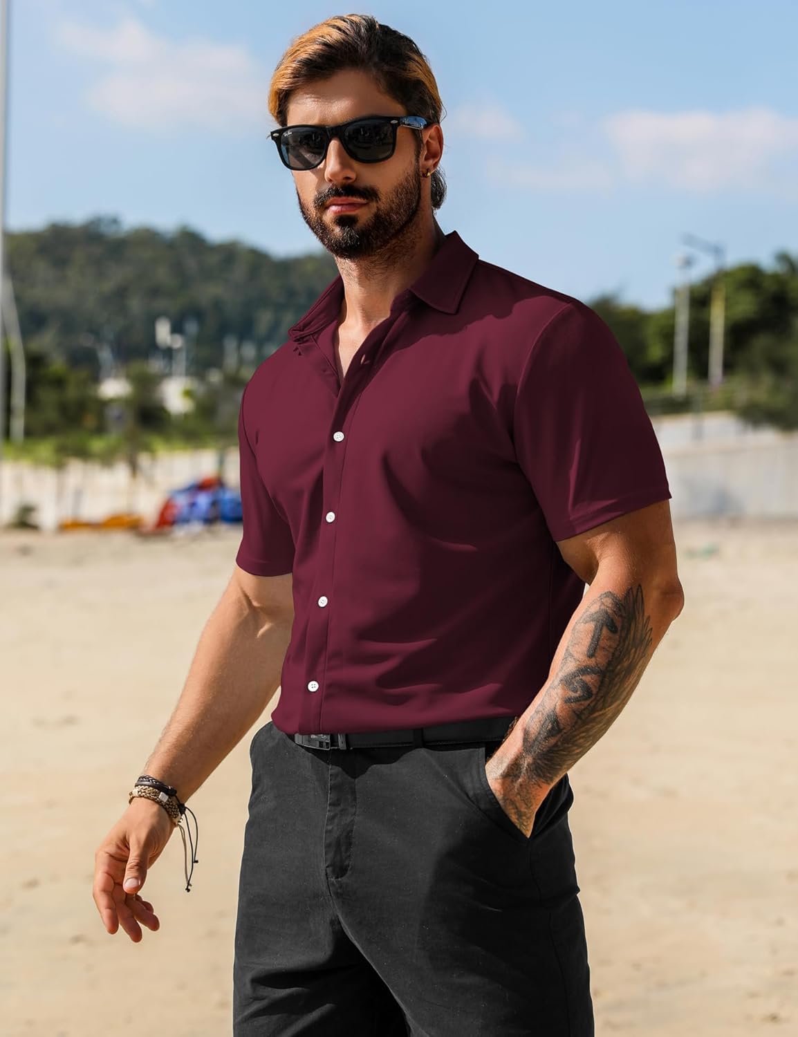 URRU Men's Muscle Dress Shirts Short Sleeve Stretch Casual Button Down Shirts Wrinkle Free Slim Fit Dress Shirt for Men - Image 3