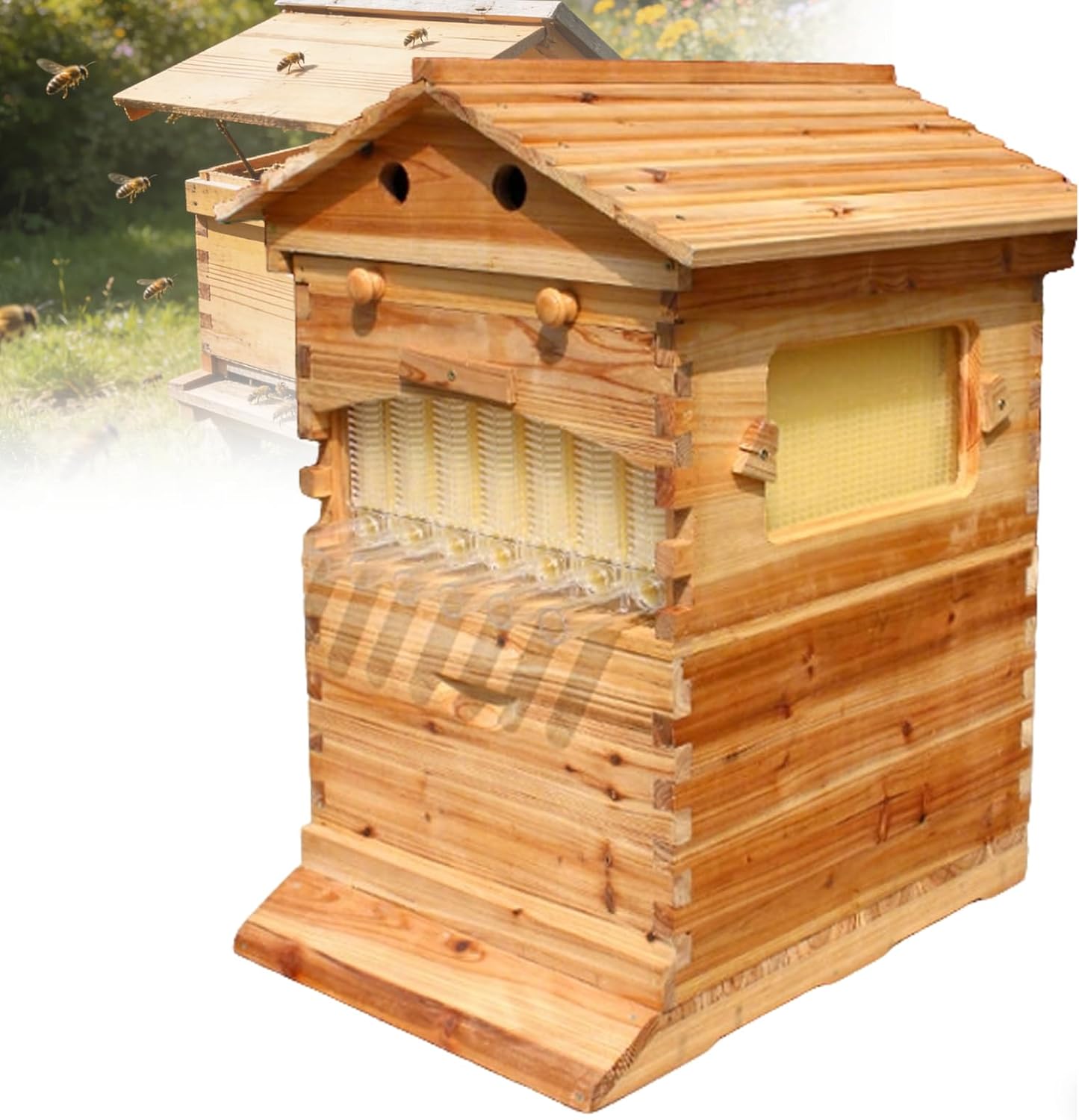 Wooden Flow Bee Hive Box, Automatic Harvest Beehive Starter Kit in Wood Color, Includes Standard Bee Frames and Honey Trays for Daily Beekeeping and Pollination Gardening
