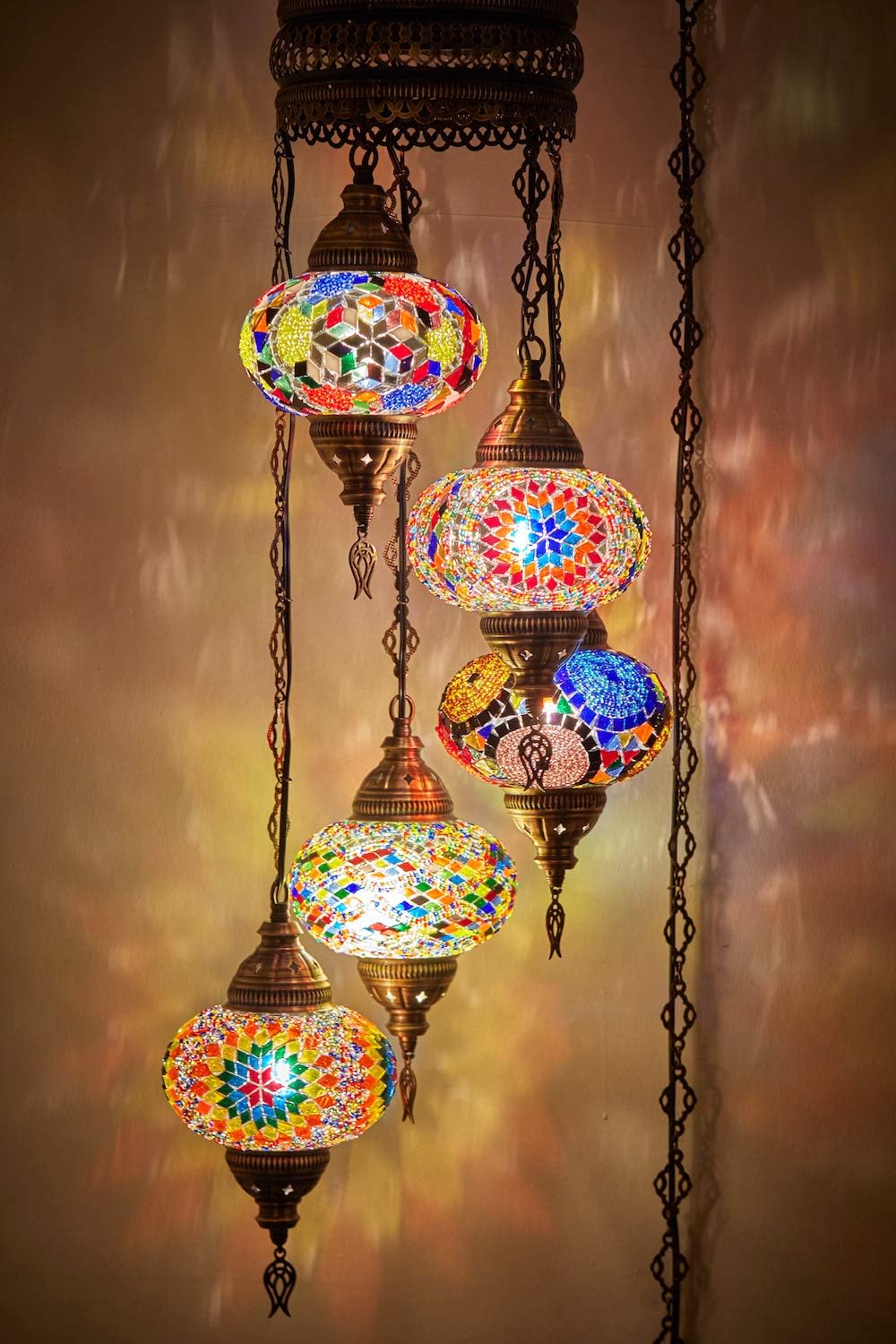 DEMMEX Swag Plug in Chandelier, Turkish Moroccan Mosaic Ceiling Hanging Light Fixture Lighting for Living Room, Bedroom, Dining Room, 15foot Chain Cord, 5 Big Size Shades, 4ft (Customizable)