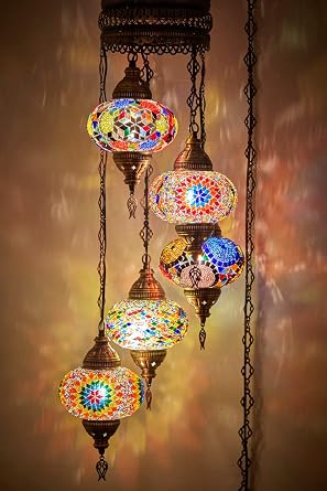 DEMMEX Swag Plug in Chandelier, Turkish Moroccan Mosaic Ceiling Hanging Light Fixture Lighting for Living Room, Bedroom, Dining Room, 15foot Chain Cord, 5 Big Size Shades, 4ft Customizable