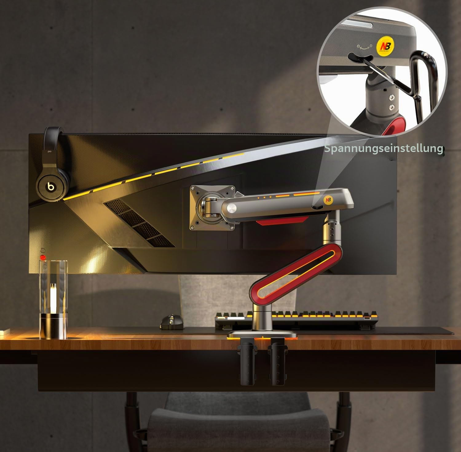 NB Ergonomic Monitorarm for Ultrawide Bildschirme bis zu 60 Zoll, Gaming Monitor Halterung Arms Last bis zu 20 kg, C-Clamp & Grommet Installation VESA 75/100 mm (Rot)