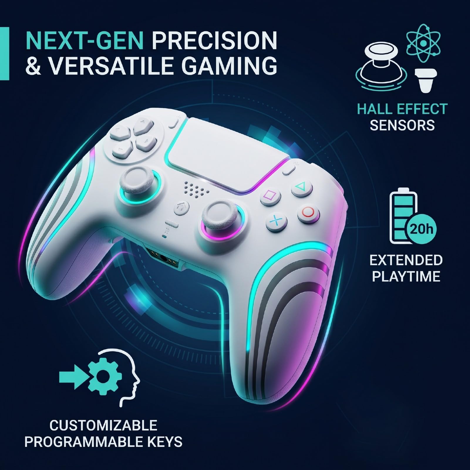 MENDUNER Controller di Gioco Wireless, Gamepad con Joystick e Grilletti Hall Effect, Frequenza di Polling 800 Hz Giroscopio a 6 Assi Tasti Programmabili Luce RGB Personalizzabile for PC