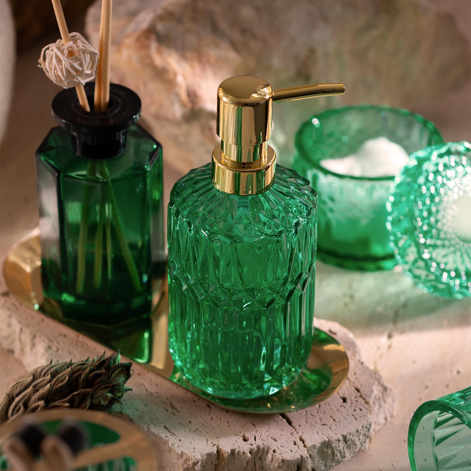 EMPO Distributeur de savon en verre transparent avec pompe en plastique ABS, distributeurs de lotion pour évier de cuisine, salle de bain (jade vintage)