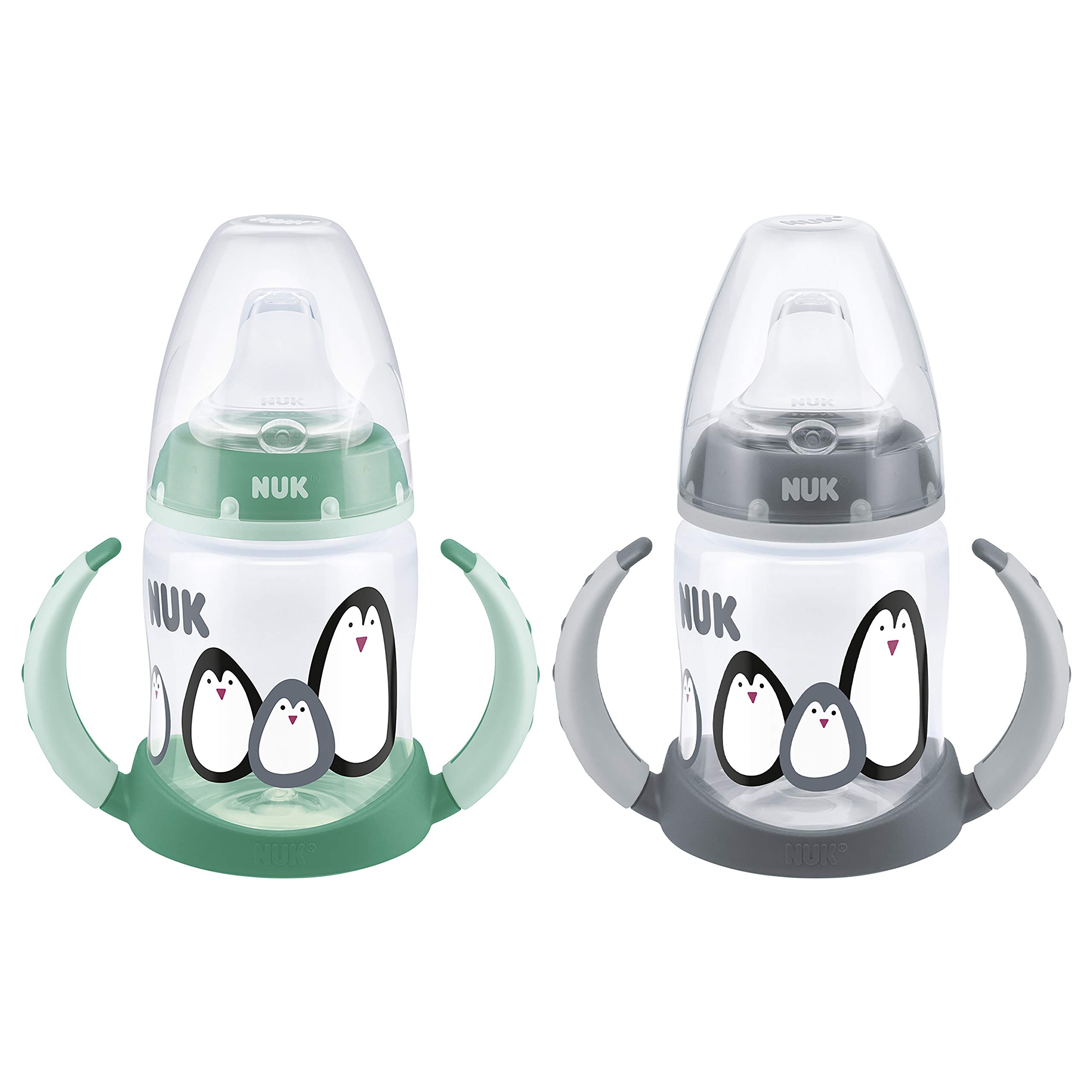 NUK First Choice+ Trinklernflasche | 6–18 Monate | 150 ml | Anti-Colic-Ventil | auslaufsichere Trinkschnabel | Ergonomische Griffe | BPA-frei | 2 Stück | Monochrome Animals (Türkis und Grau)