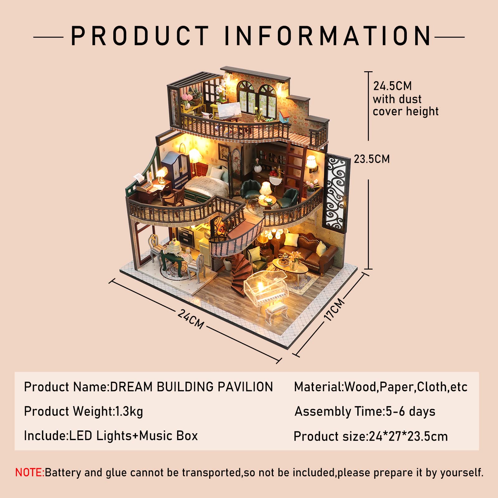 CUTEROOM DIY Miniature House Kit, DIY Miniature Dollhouse Kit with Funiture LED Lights & Music Box - Image 2