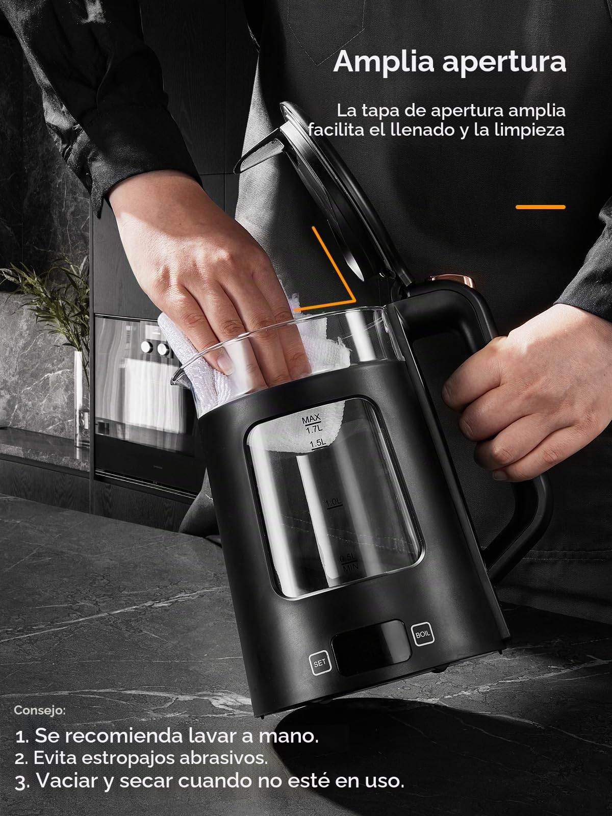 Hervidores Eléctrico, Hervidor de Vidrio de 1.7L con Mantenimiento del Calor, 5 Controles de Temperatura, Ebullición Rápida de 2200W, Apagado Automático y Protección Contra el Hervido en Seco, Negro