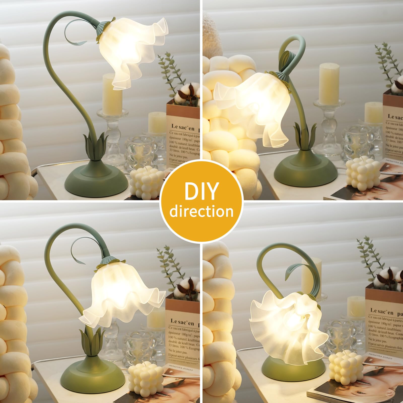 Schreibtischlampe Glas Blume, Vintage Nachttischlampe mit 3 Farbtemperaturen, Grüne Tischleuchte mit Flexiblem Arm, für Schlafzimmer, Wohnzimmer