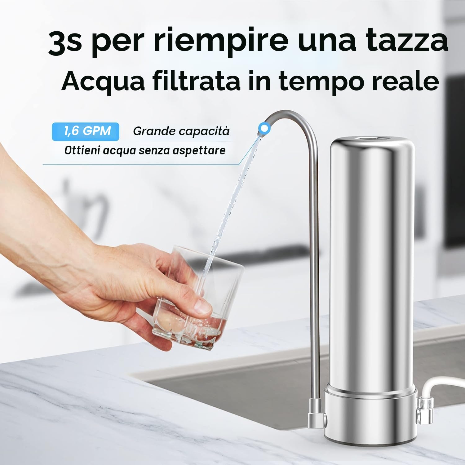 Waterdrop Sistema di filtrazione da banco WD-CTF-01, acciaio inossidabile 304 per uso alimentare, filtro dell'acqua del rubinetto a 6 stadi, lunga durata, riduce il 99% di cloro, metalli pesanti