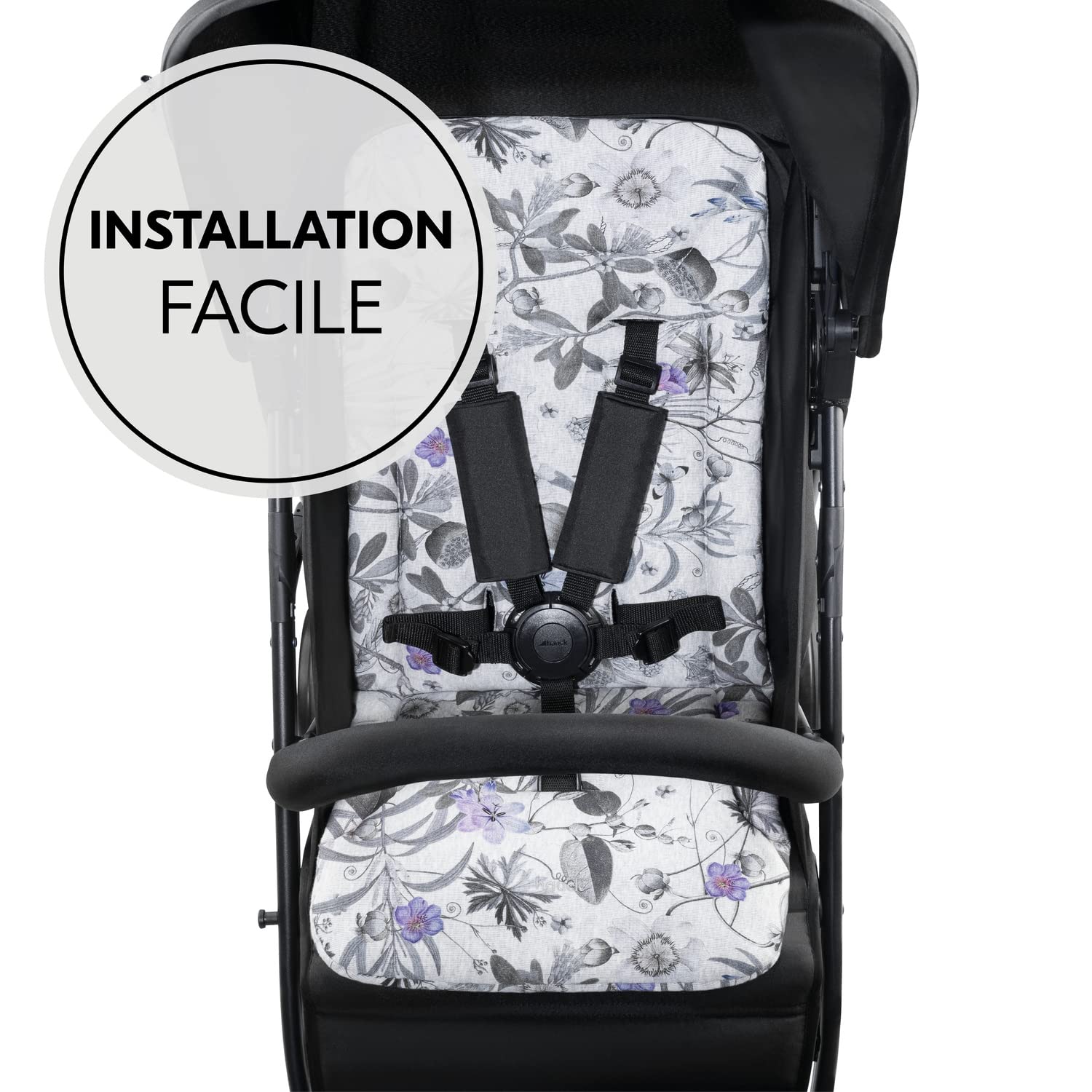 hauck Coussin Poussette Universelle - Également pour Nacelle Bébé, Remorque Velo Enfant - Coton, Respirant, Doux, Facile à Installer, Été et Hiver - Fleurs Gris