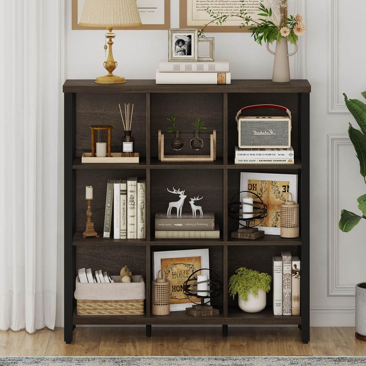 FATORRI 9 Cube Storage Bookshelf, Modern 4 Shelf Book Shelf, Wood and Metal Cubby Bookcase for Home Office (39.38 Inch W, Walnut Brown) - Image 5