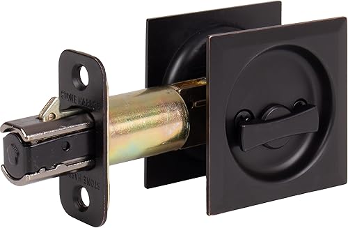 Miniatura 3 de Stone Harbor Hardware Cerradura de puerta de bolsillo cuadrada contemporánea, función de privacidad, fondo de 2-34", bronce vintage