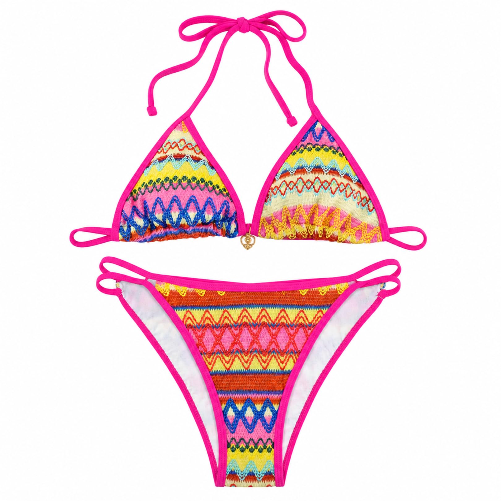 Triangle Bikini Set, Multicolor Boho Print, Halter Neckline, 95% Polyester, Adjustable Tie Closure, Beach & Vacation Swimwear-image-48