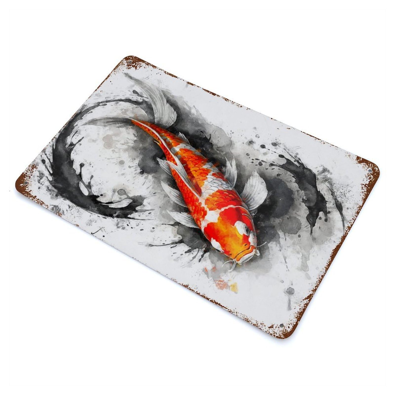 Splash of Koi Fish Vintage Wall Sign 11.8"x7.9", Rust Effect Metal Decor for Basement, Hobby Room And Garage Decor