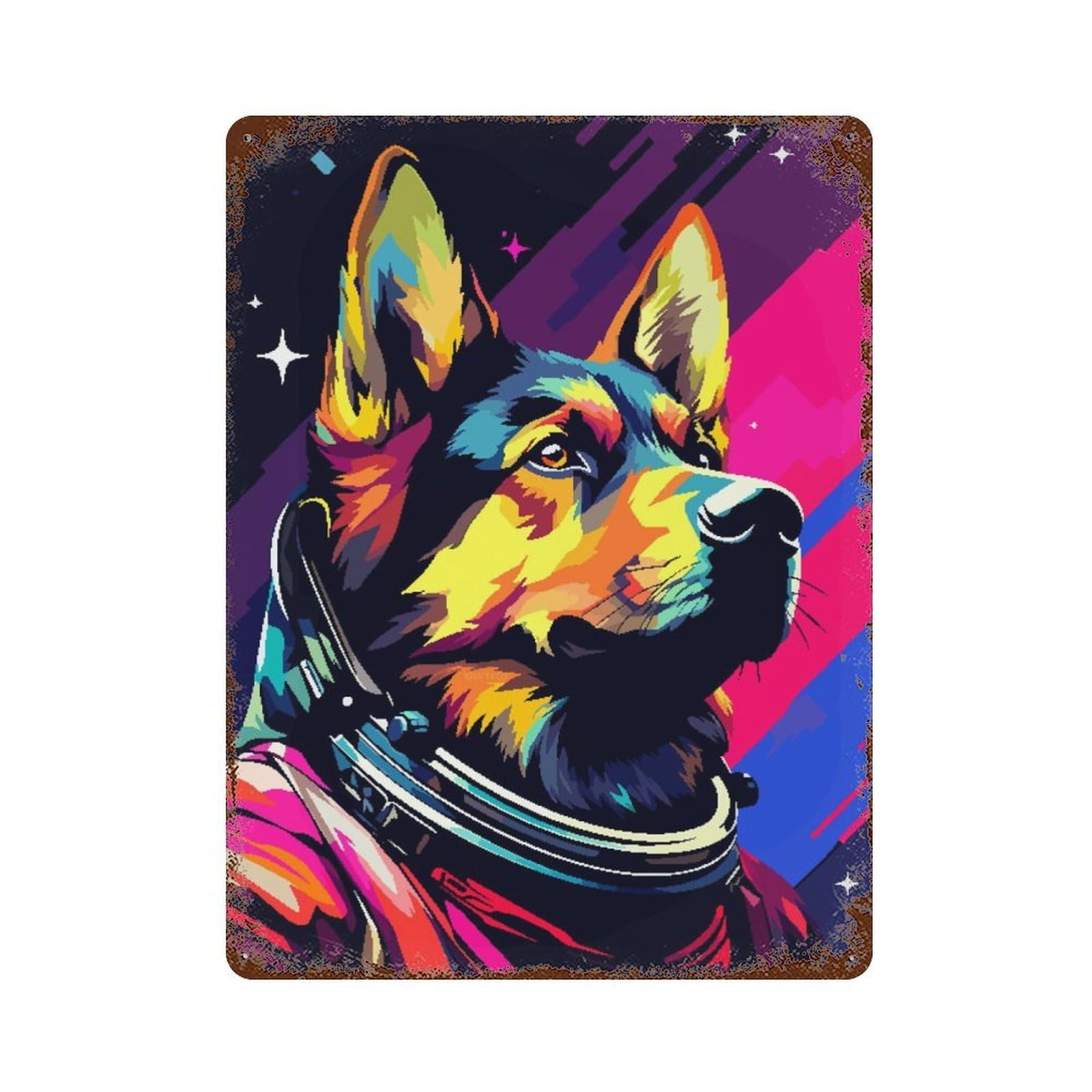 Vintage Rust Metal Sign with Spaceman German Shepherd Design 15.7"x11.8", for Shed, Workshop And Garage Wall Decor, Classic Wall Plaque