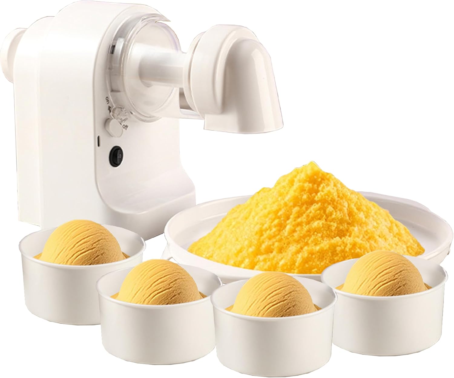 Snow Cone Machine, Ice Shaver with 4 Reusable Ice Molds and 1 Tray, Portable Shaved Ice Machine for Home and Outdoor Camping with Stainless Steel Blades, White