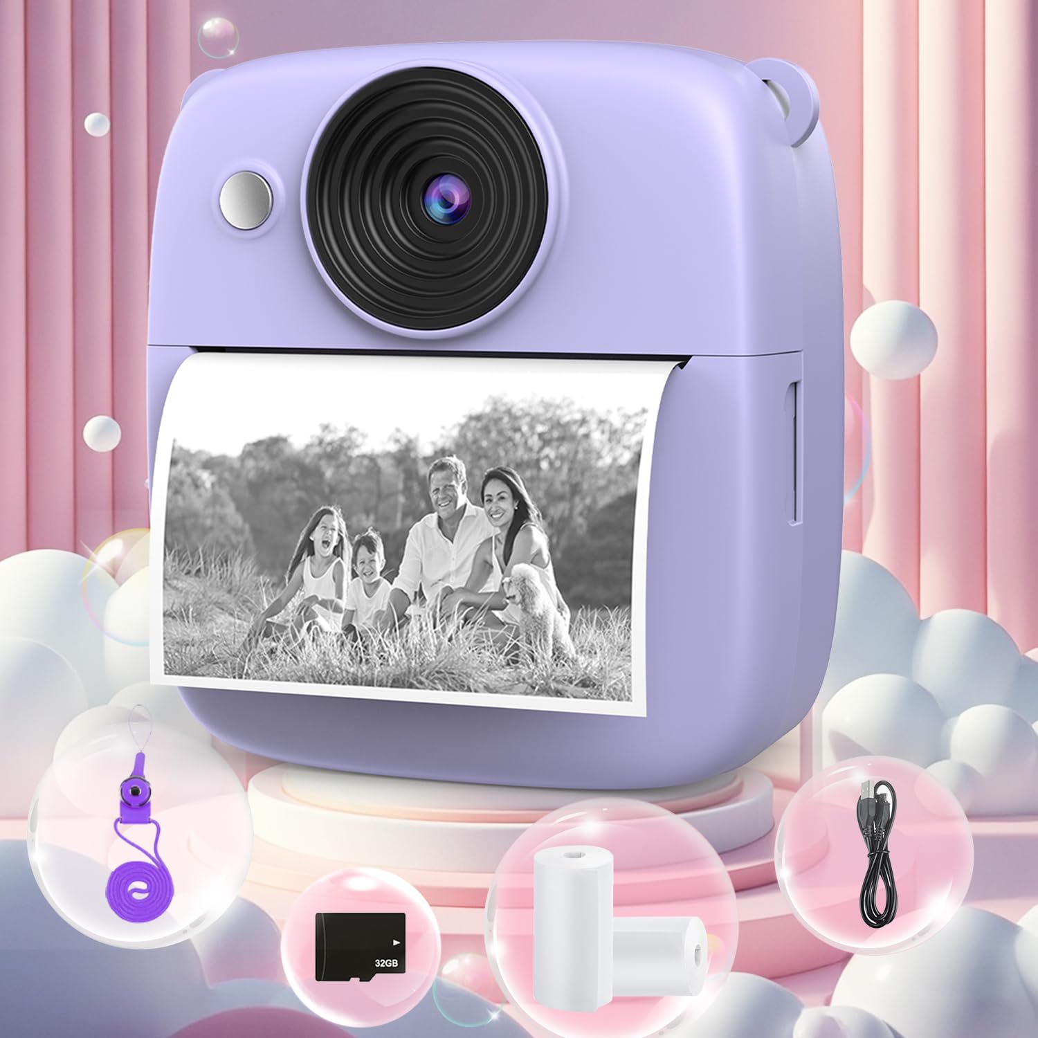 Kids Camera Instant Print For Boys And Girls,1080P HD Dual-Lens Selfie Digital Camera With Print Paper & 32G Card, Christmas Birthday Gifts Toys For