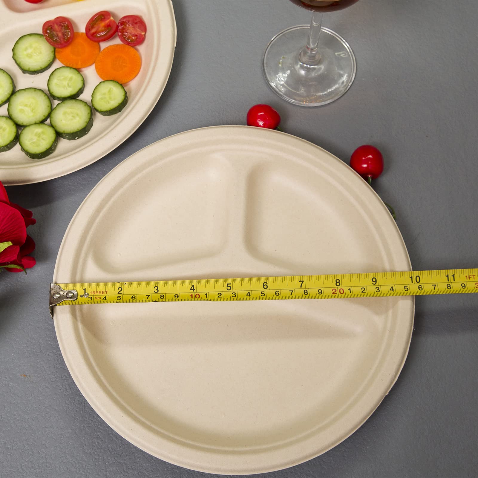 Plato redondo compostable natural de 10 pulgadas, 150 unidades, 10 pulgadas, 150 unidades, 3 secciones