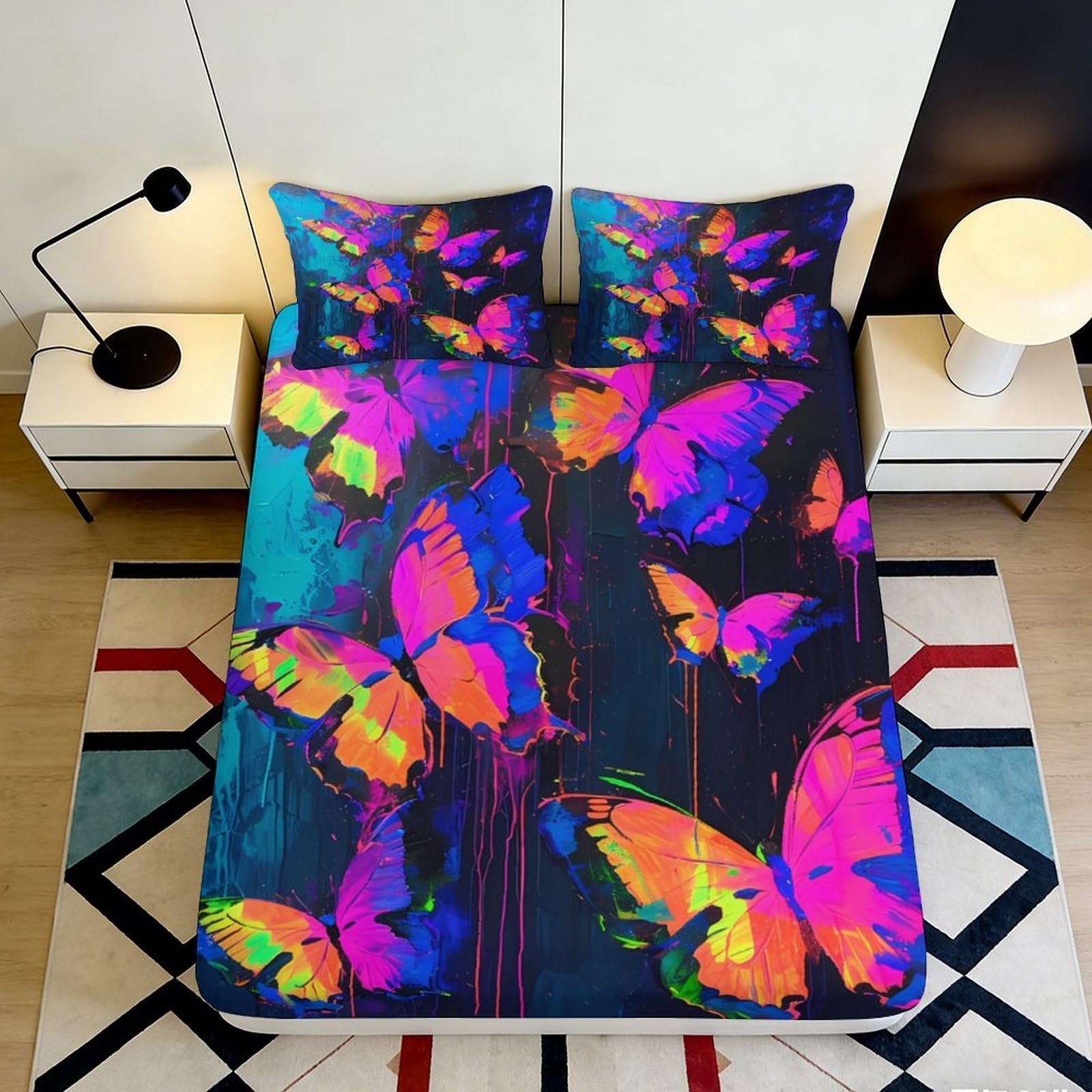 3D Printed Neon Butterfly Fitted Sheet Microfiber Anti-Slip Mattress Cover Colorful Bed Decor Bedroom Dorm All Ages 140x200x25cm