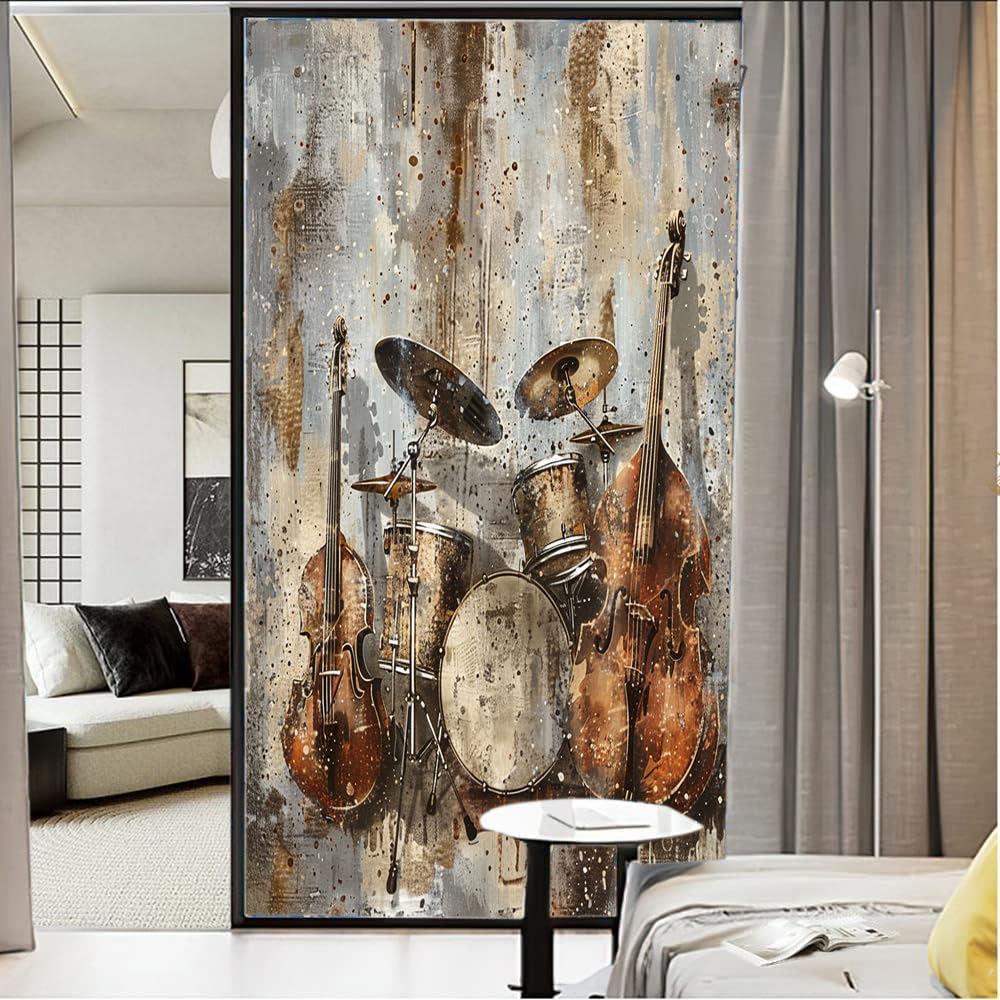 Fensterfolie, Motiv: Retro-Aquarell-Instrumente, Buntglas-Fensterfolie, Gitarrentrommeln, Musikaufführung, dekorative Milchglas-Sichtschutzfolie, Wärmeregulierung, statische Haftung, Fensteraufkleber