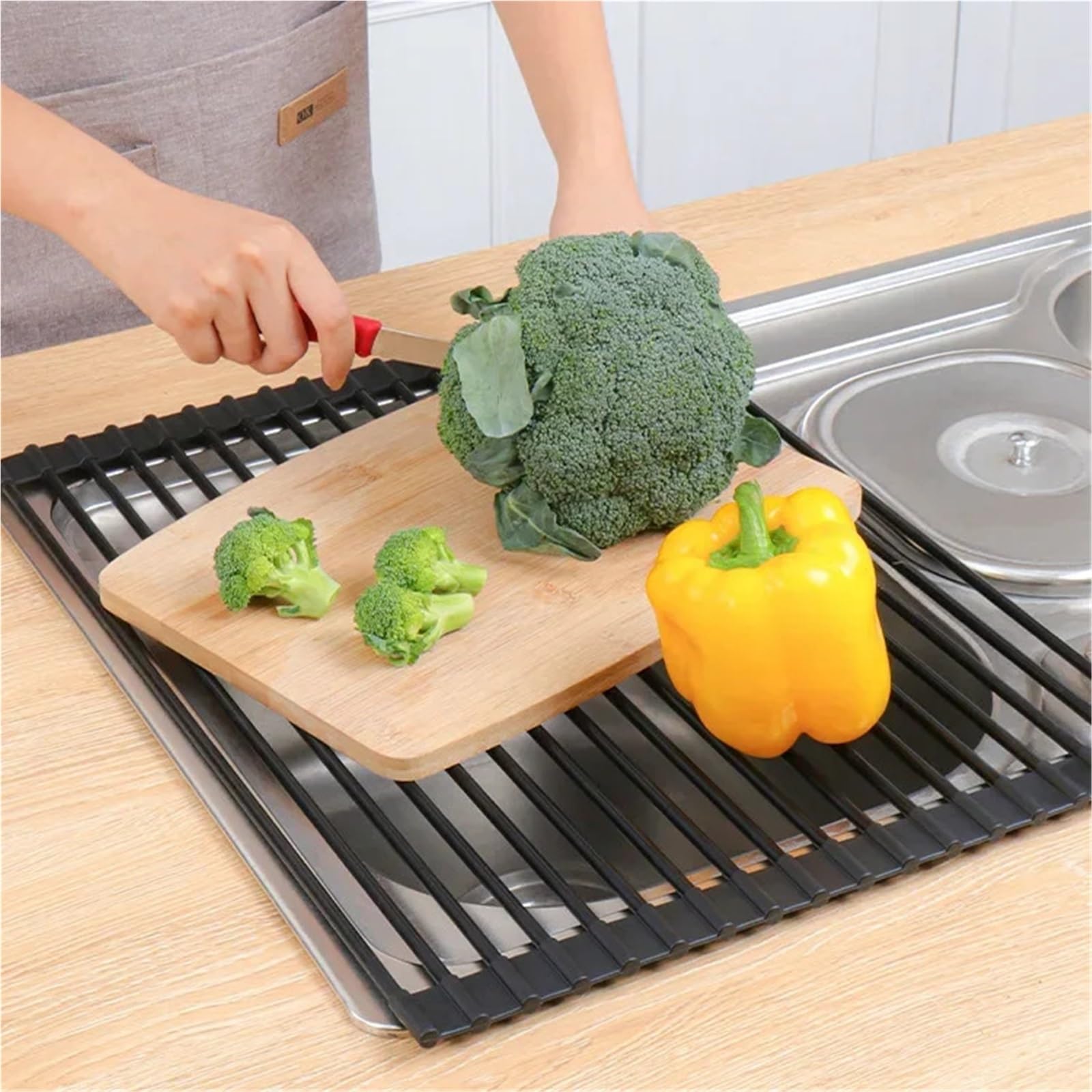 Escurridor de Platos Rejilla de Almacenamiento for Cocina, Rejilla for Filtro Silicona, Drenaje Plegable, Fregadero con persiana Enrollable Acero Inoxidable, for Cuencos y Palillos(B1)