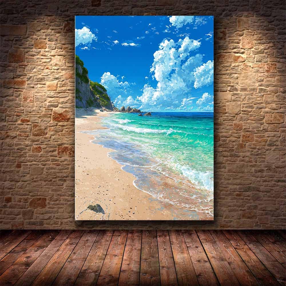 ZAMAEIU Impresión En Lienzo Océano Costas junto a la cala mar, playa,vista, arte de pared, carteles, imágenes para sala de estar, decoración del hogar（azul-70x100cm Enmarcado