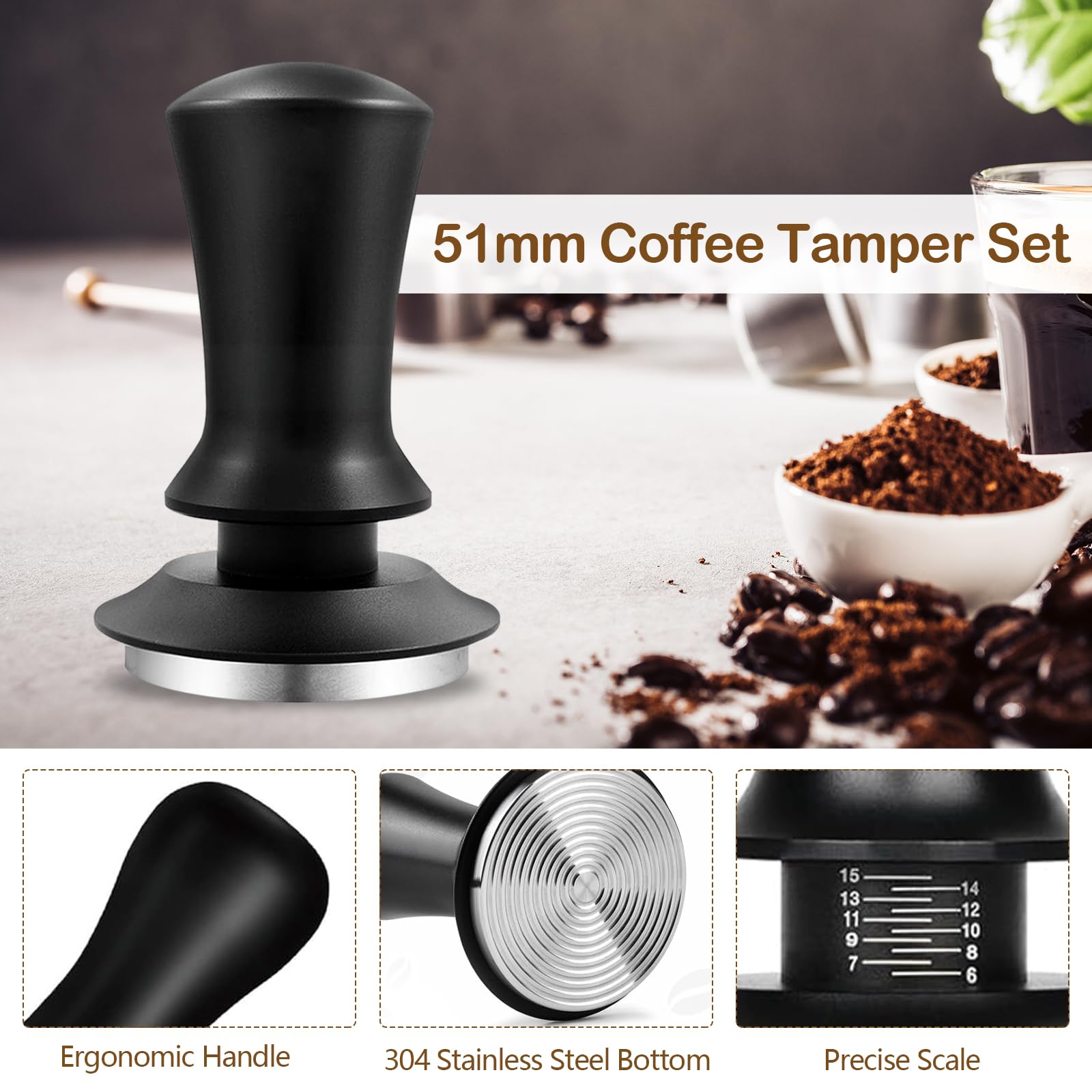 Set di 6 tamper per caffè, in acciaio inox da 51 mm, per macchine portafiltro, accessori barista con anello dosatore, distributore di caffè, tappetino antiscivolo e base per tamper
