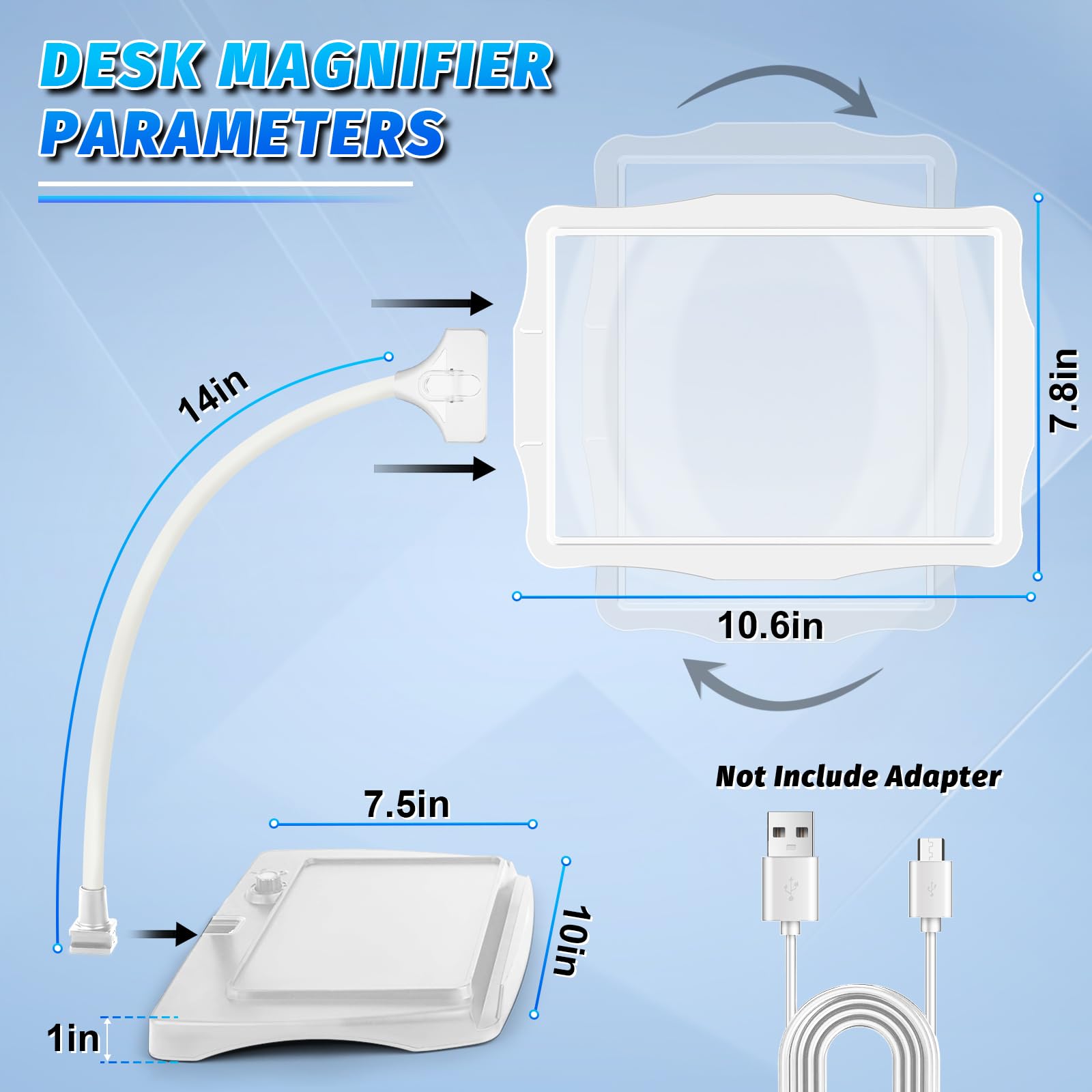Loupe De Lecture Sur Pied LED Rechargeable 10x - Lentille 24x17 Cm, 50 LEDs, Batterie 1200mAh - Parfaite Pour Couture, Bricolage, Peinture