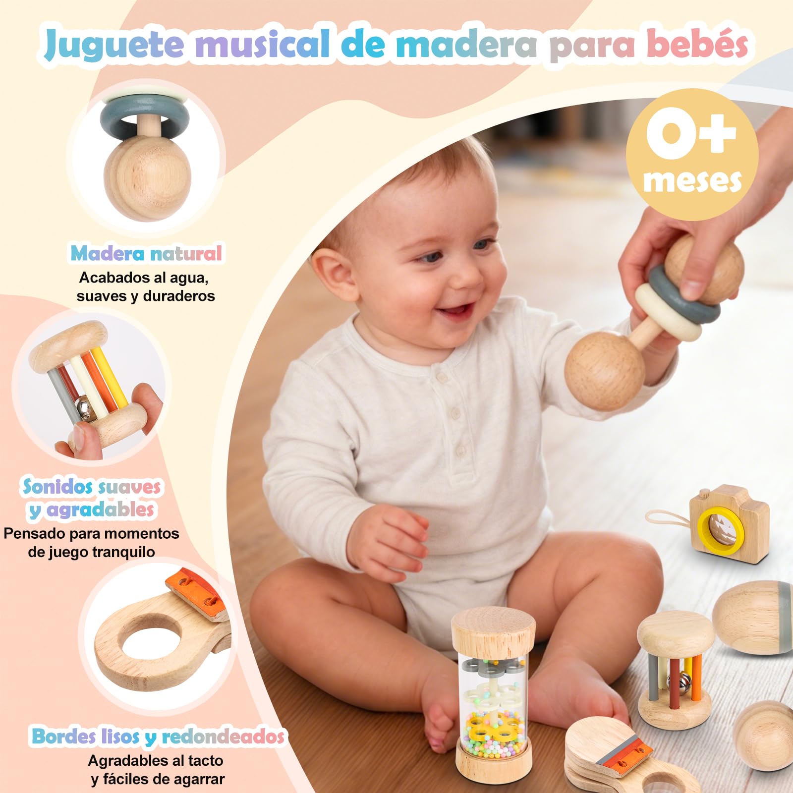 Sonajeros Bebé Montessori de Madera 7 Piezas – Juguetes Sensoriales 0+ con Palo de Lluvia y Sonajeros Variados – Regalo para Recién Nacidos