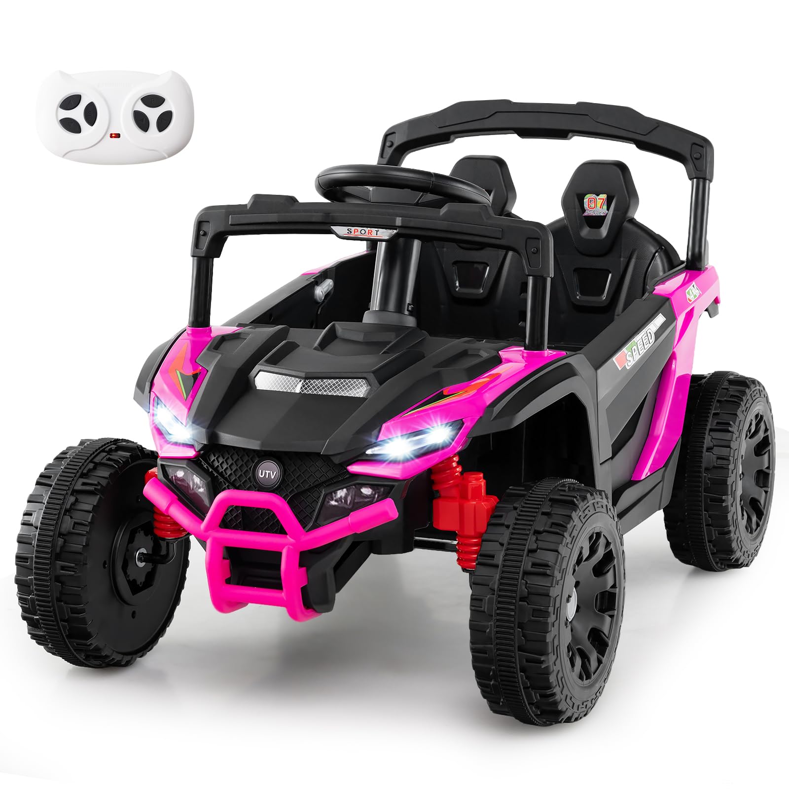 GOPLUS Elektroauto für Kinder, Elektrofahrzeug 12V, UTV-Truck mit Musik, Hupe, Scheinwerfer & Fernbedienung, Kinderfahrzeug mit Lenkrad & Pedal, Kinderauto für Kinder ab 3 Jahren (Rosa)