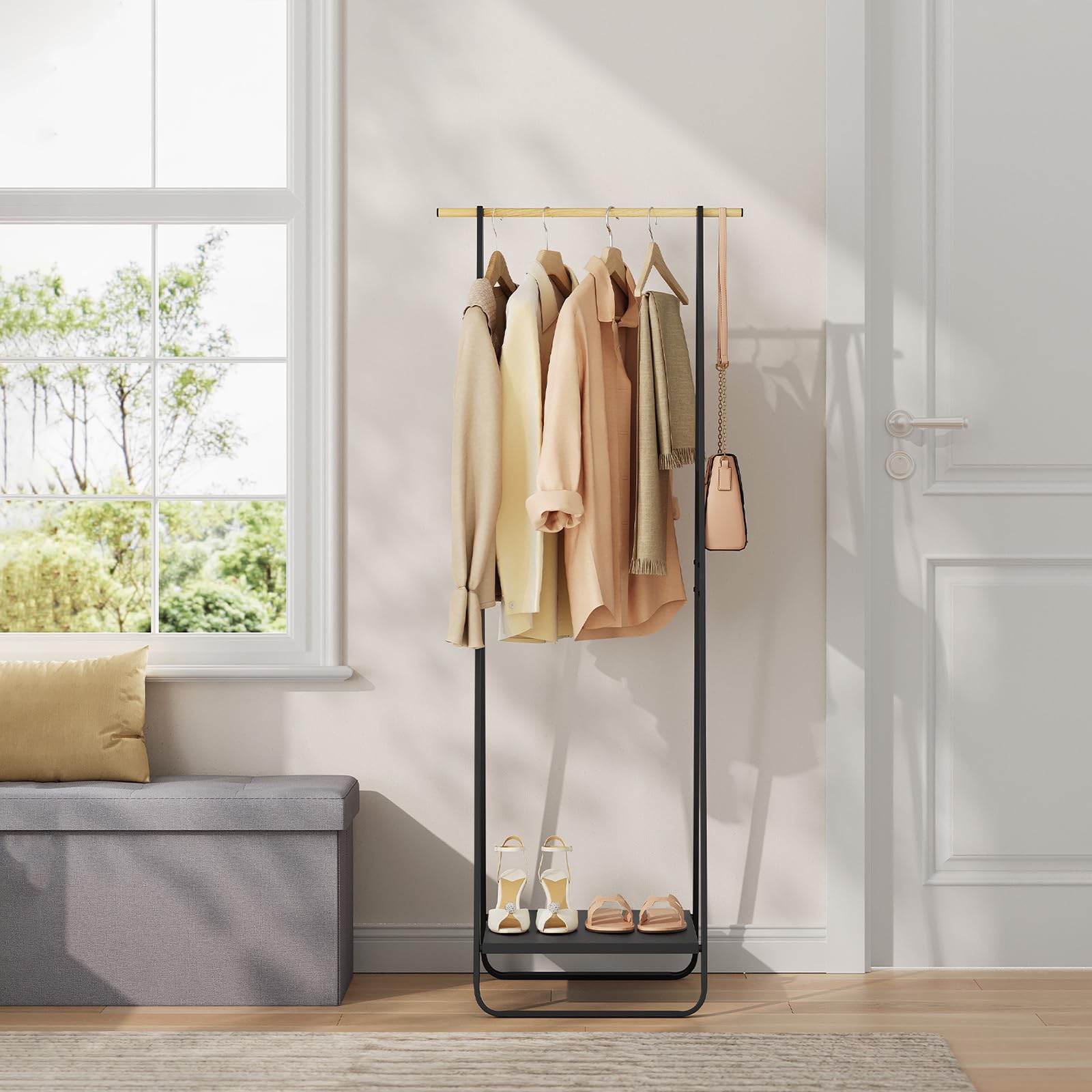 WOLTU Perchero con Estantes metálicos para Colgador Ropa Zapatos para Vestidor Pasillo Dormitorio, Negro, 54 x 45 x 141cm