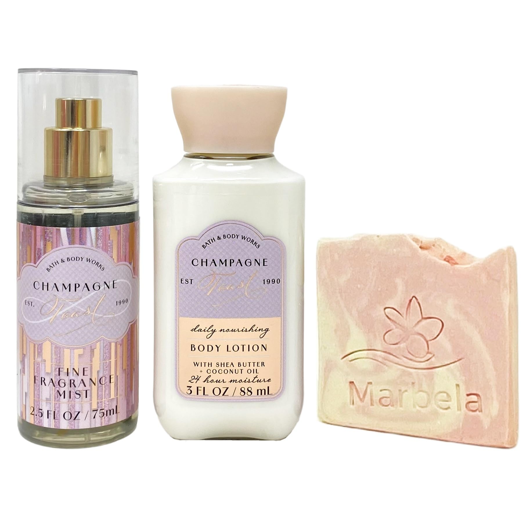 Bath & Body Works Champagne Toast Mini Fragrance Mist and Body Lotion Duo Set with a Himalayan Salts Springs Sample Soap - Travel Size