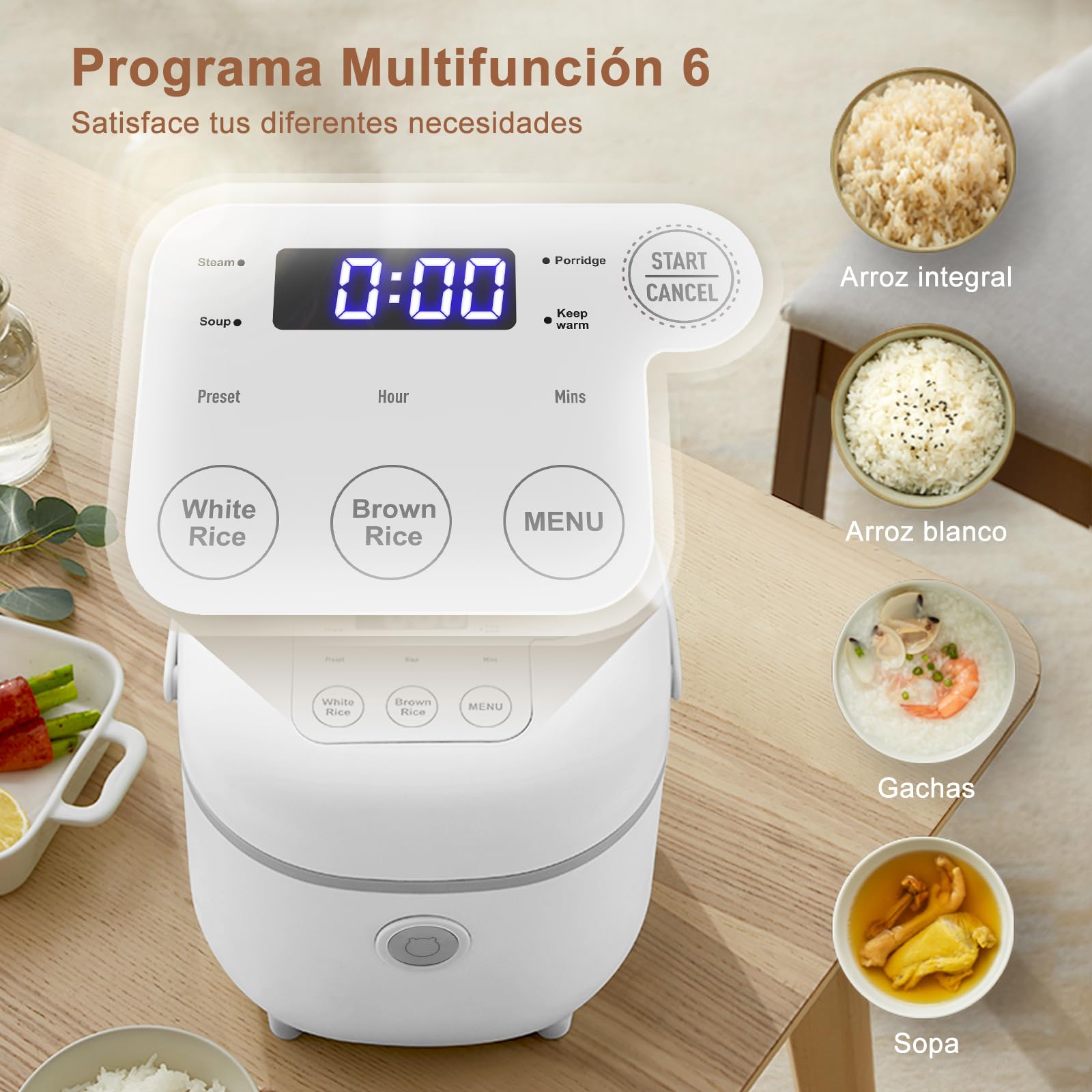 Bear Arrocera de 4 Tazas (sin cocer) con Vaporera, Mini Rice Cooker Multifuncional de 350W,6 Funciones de Cocción de arroz para 2-4 Personas,Blanco