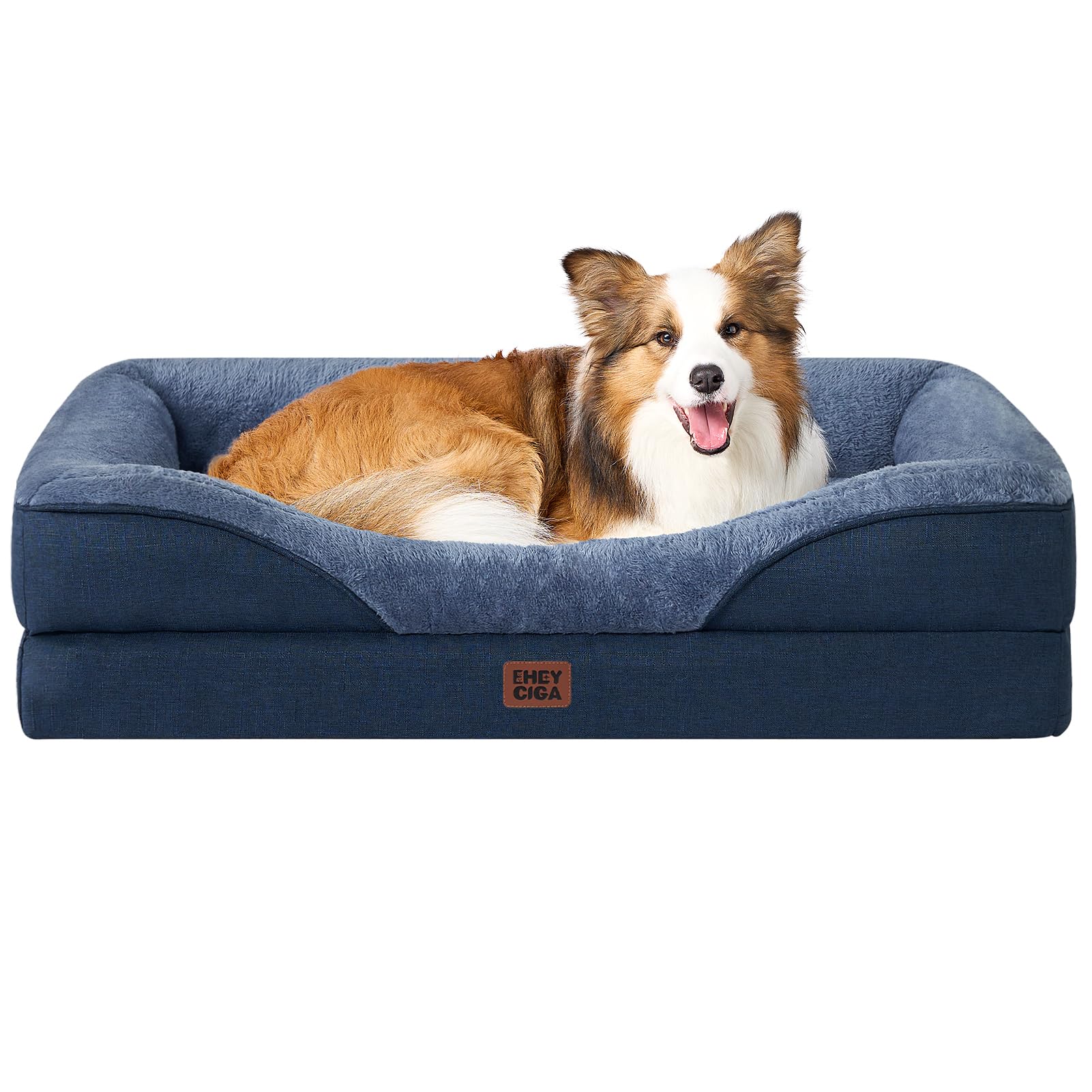 EHEYCIGA Memory Foam Cuccia Cane Interno Taglia Grande, Impermeabile Divano per Cani Sfoderabile e Lavabile, Letto per Cani con 4 Bordi Rialzati, Blu Scuro, 91x68x17.5cm