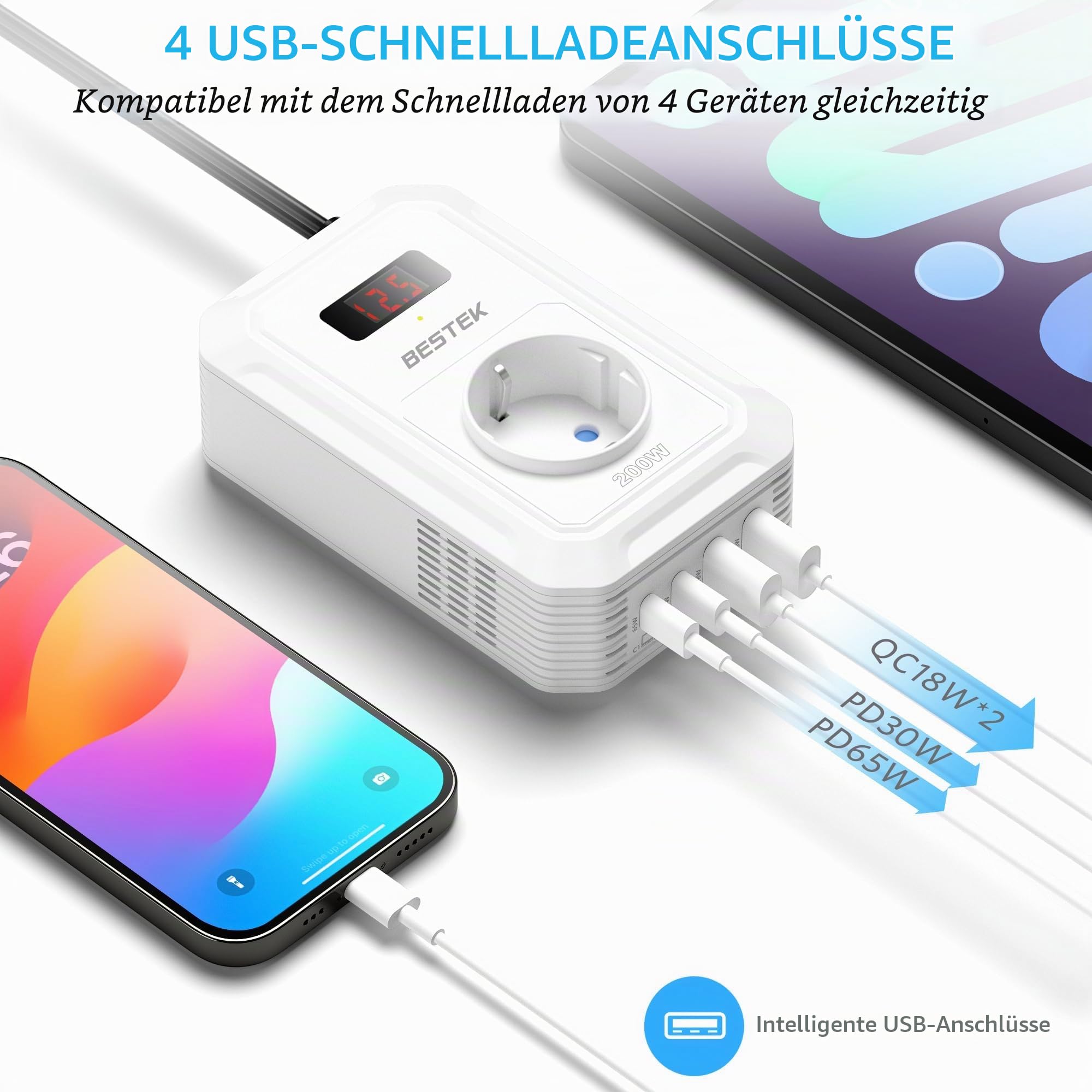 BESTEK 200 W Spannungswandler 12 V auf 240 V 230 V AC Auto-Wechselrichter, mit 3-pin Steckdosen, 2 18-W USB und 2 USB-C Anschlüssen Zigarettenanzünderstecker, von Laptops, iPhones, und mehr, Weiß