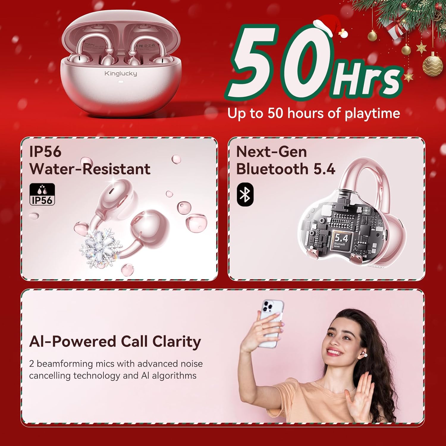 Kinglucky ClipFree Open-Ear Headphones with Snowflake Earrings, Ultra-Comfort & Snug Fit Clip On Earbuds, 50H Playtime Bluetooth 6.0 Wireless Headphones for Women Gifts, Sports & Workouts (Rose Gold) - Image 6