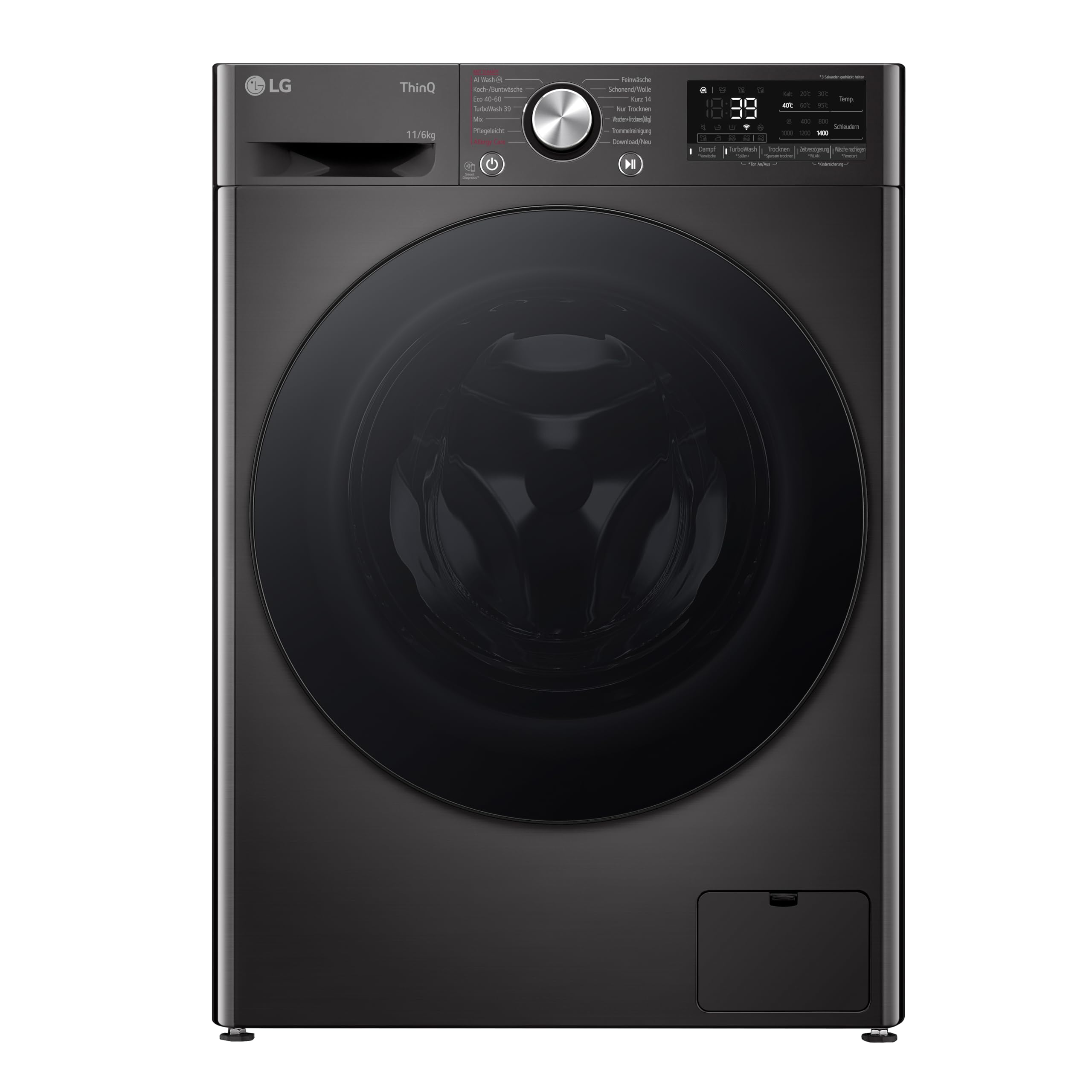 LG W4WR70E6YB, classe A/D, lavasciuga con caricamento frontale, 11-6 kg, 62 x 60 x 85 cm, Wi-Fi, AI Direct Drive, pulizia profonda con vapore, TurboWash 360, grande capacità, porta in vetro di
