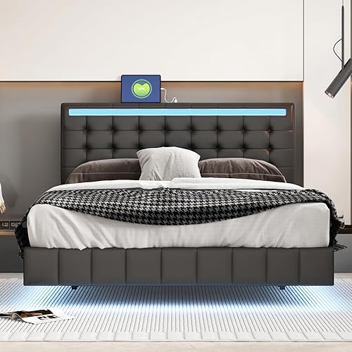 Base de cama flotante de tamaño Queen, con luces LED de ambiente y carga USB, base de cama LED moderna tapizada de poliuretano con plataforma LED,