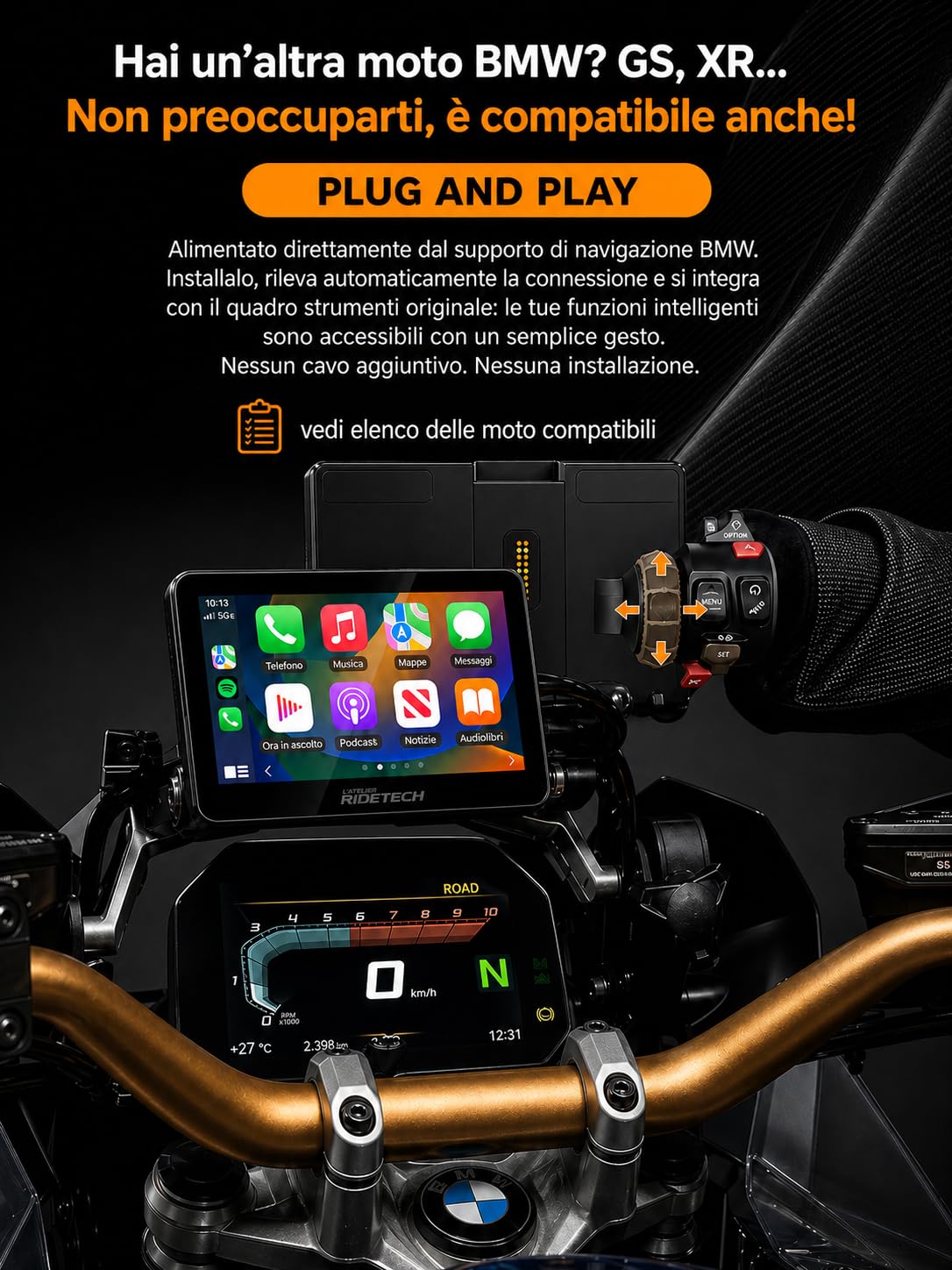 Kraft 5 - Schermo Carplay per moto BMW RT/K16, CarPlay e Android Auto, Plug & Play