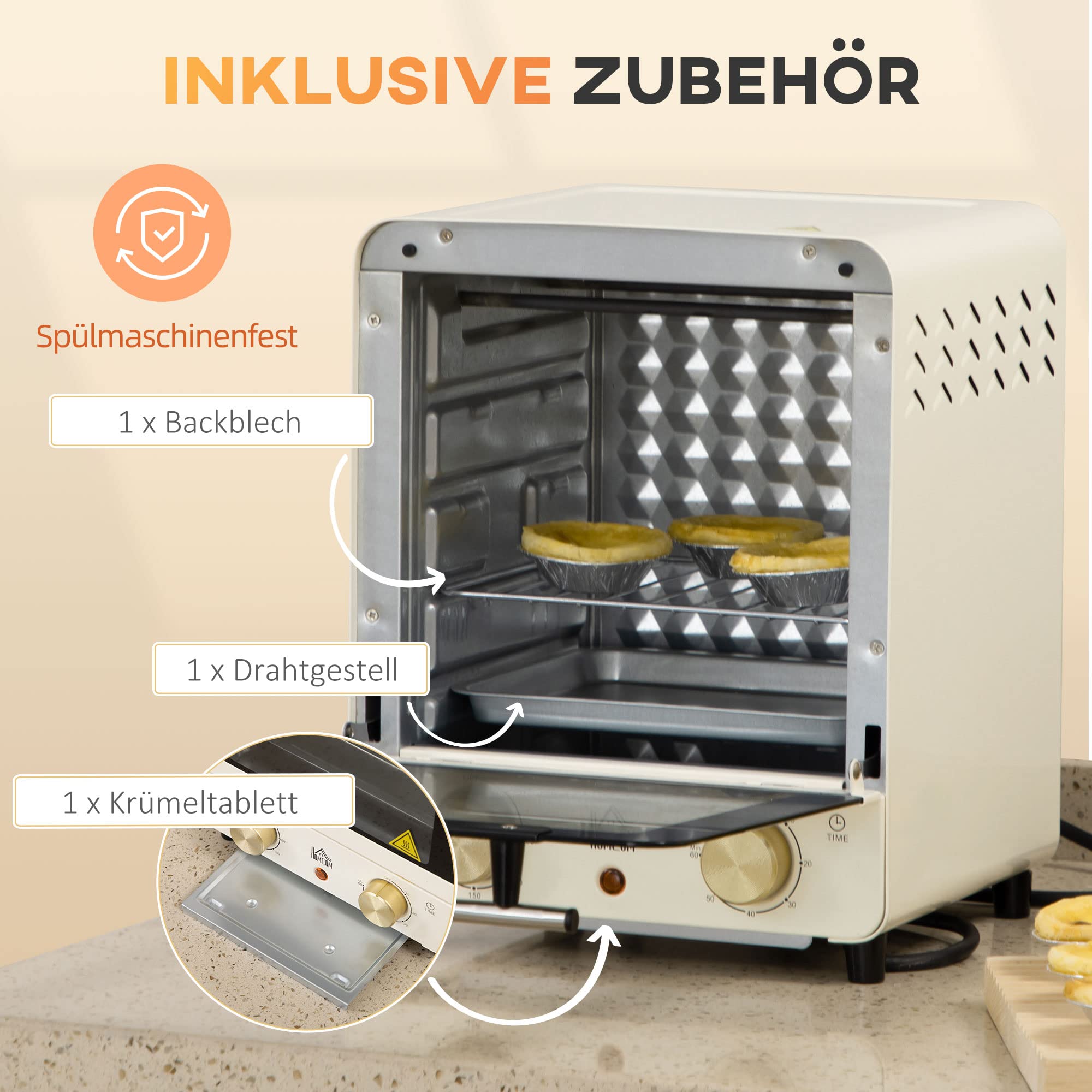 HOMCOM Mini Backofen 15 L 1000 W 60-230℃ inkl. Krümelblech, Backblech und Grillrost, Minibackofen mit 60 Min. Timer Cremeweiß