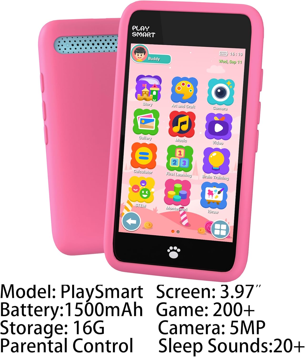 Image displaying key specifications of the PlaySmart Kids Phone: Model PlaySmart, Screen 3.97 inches, Battery 1500mAh, Storage 16GB, Camera 5MP, Sleep Sounds 20+.