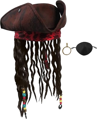 Nicky Bigs Novelties Bucanero Caribe Tricornio Pirata Sombrero Dreadlocks Pelo Pendiente Conjunto De Parche Marrón, Marrón
