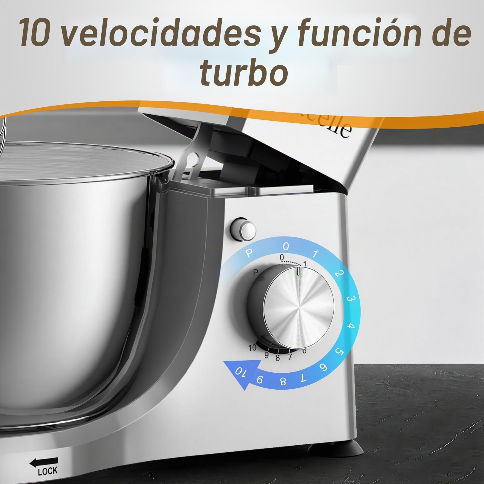 Facelle Batidora Amasadora de Repostería 1500W, Amasadora de Pan con 10 Velocidades + Función Pulse, Bol de Acero Inoxidable de 5,5L, Movimiento Orbital, con Varillas, Gancho Amasador y Batidor Plano