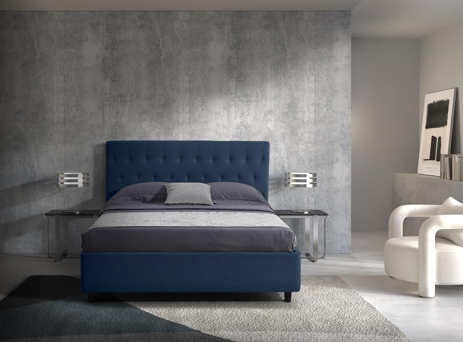 EVERGREENWEB Letto Matrimoniale con CONTENITORE Apertura Idraulica Salvaspazio, Testiera in Tessuto Blu Imbottita, Moderna Struttura RINFORZATA Facile da Montare, Rete a Doghe in Legno 160x190 VENEZIA