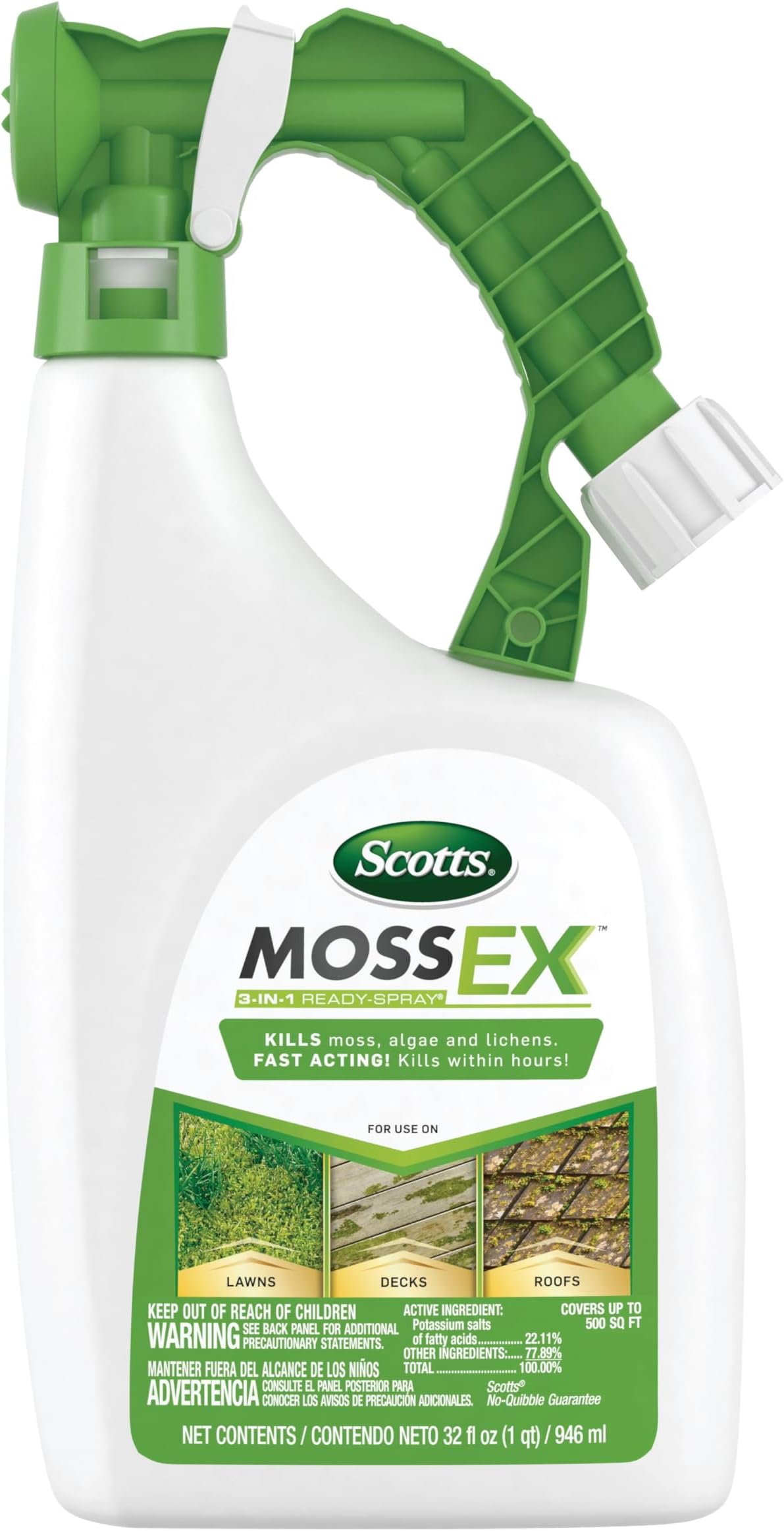 Scotts MossEx 3-in-1 Ready Spray - Hose-End Applicator, Kills Moss, Algae and Lichens, Fast Acting Moss Killer for Lawns, Roofs, Patios, 32 fl. oz.