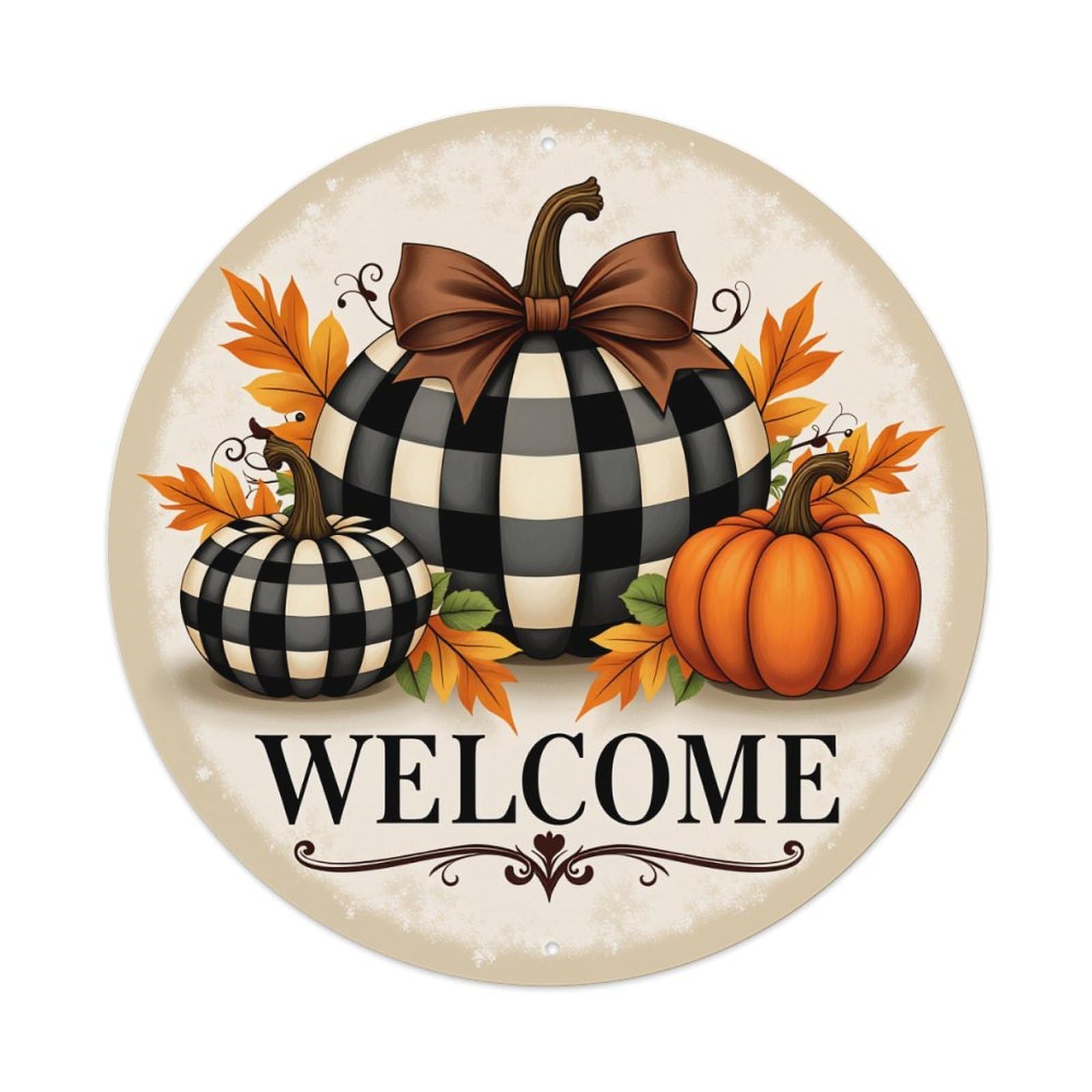 Pumpkin Checkered Autumn Leaves Welcome Round Tin Sign Retro Metal Sign for Cafe Bar Pub Home Game Room Gym Club Wall Decoration Vintage Metal Poster 8x8 Inch