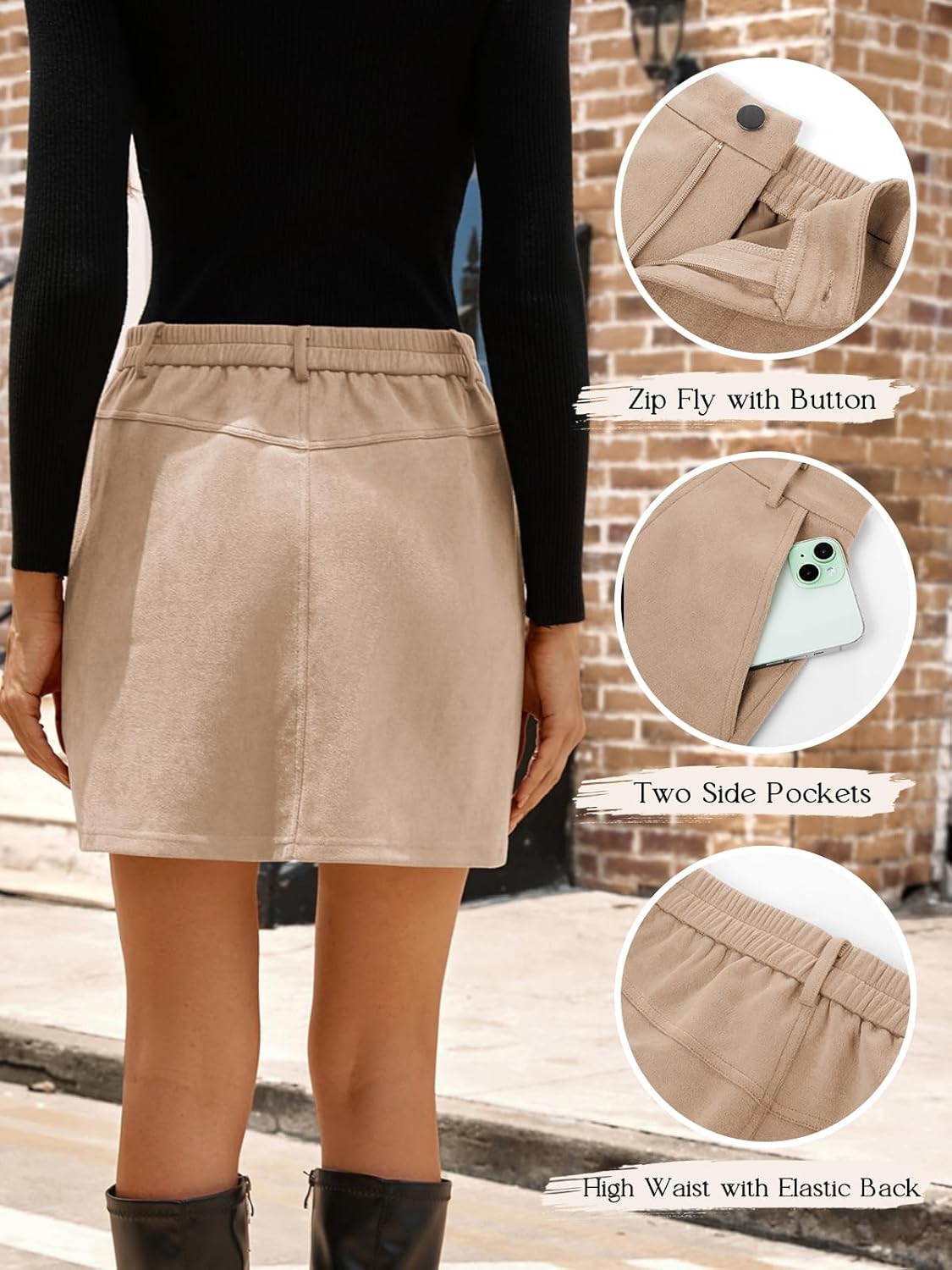 Kate Kasin Women Suede Mini Skirt, High Waisted Pencil Skirt with Pockets, Fall Winter Skirts 2026 - Image 5