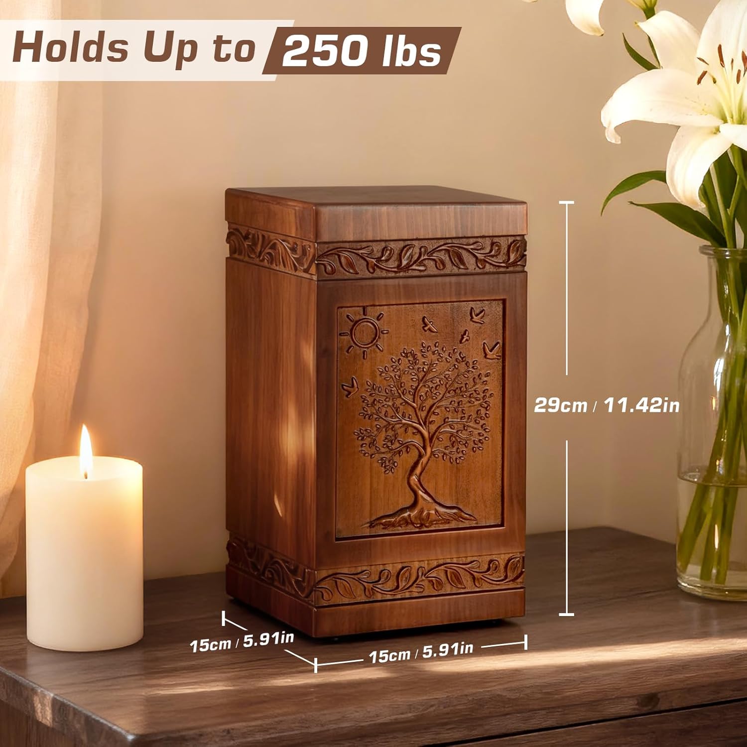Handcarved Wooden Cremation Urn for Human Ashes Tree of Life Design Decorative Funeral Urns Casket Box Suitable for Adult Men Women Burial or Memorial Keepsake （250 lbs Capacity） - Image 2