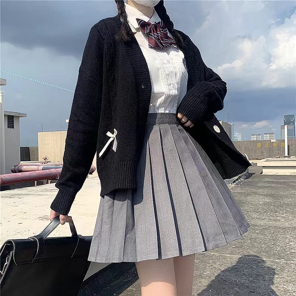 Women Kawaii Sweater Cardigan with Cute Bowknot and Heart S-2XL: Large Black