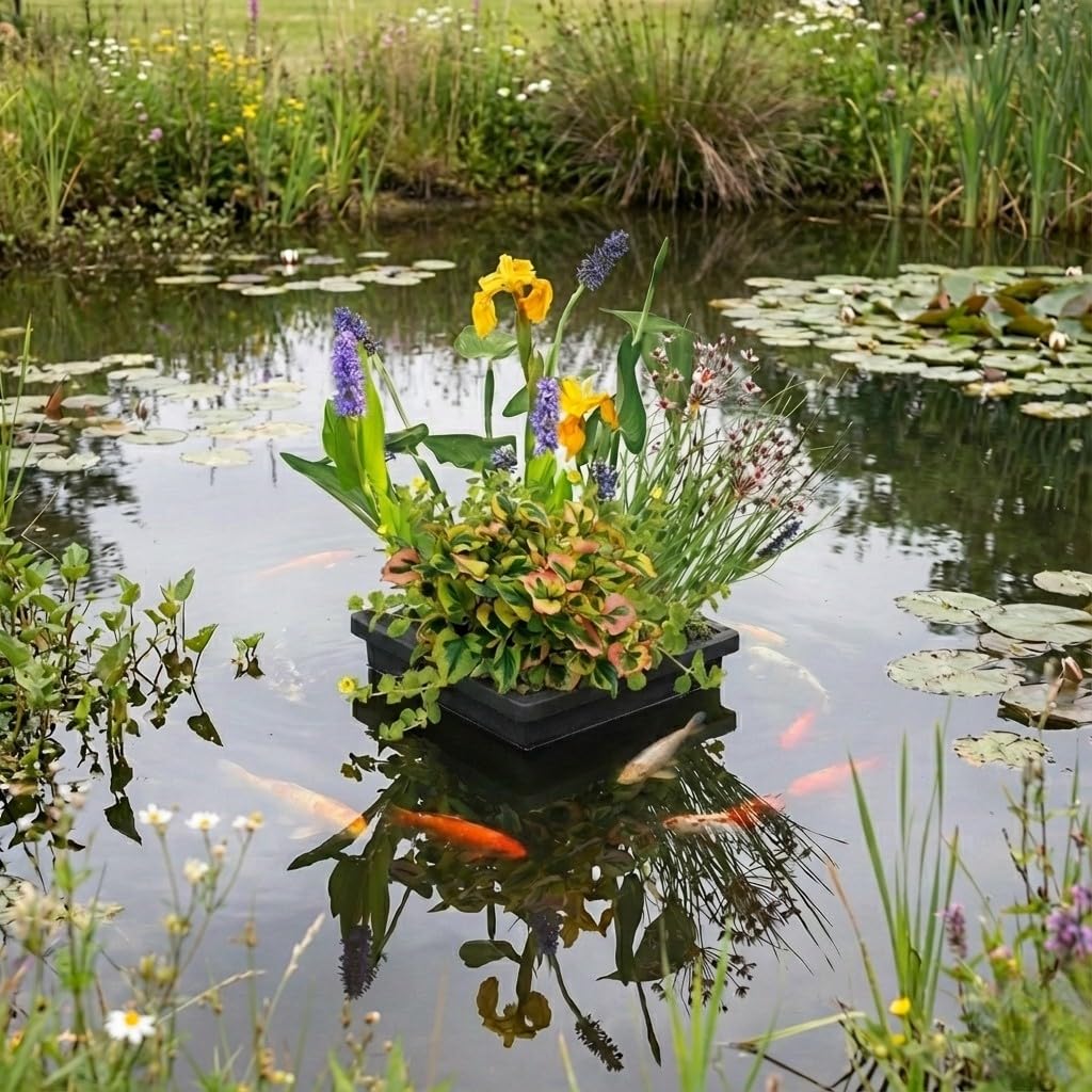 vdvelde․com - Isola galleggiante 25x25 cm con piante da laghetto | Filtro naturale per il giardino acquatico, cestino, substrato e concime, fino a 80 cm, rustica